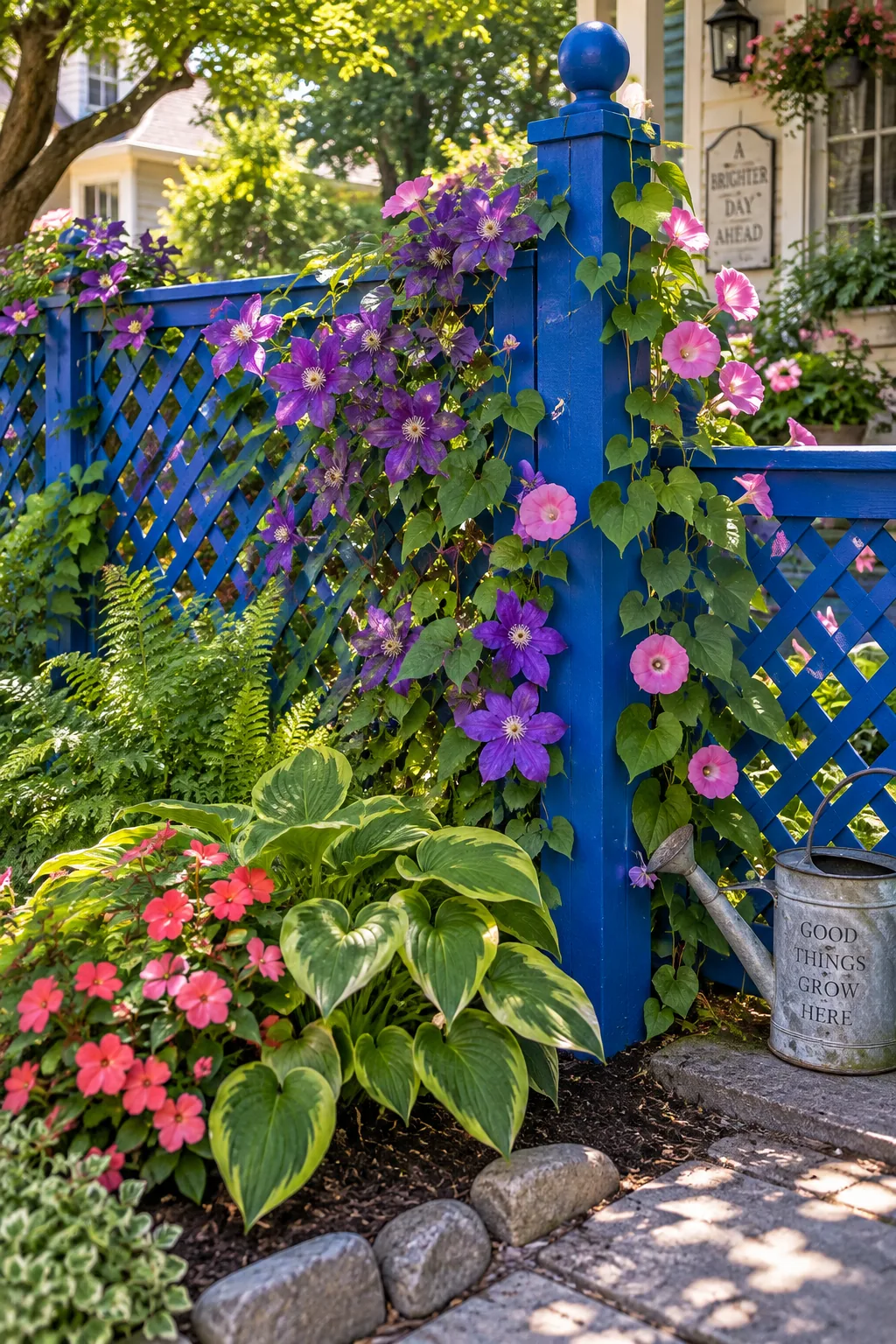 A classic wooden lattice fence covered in blooming purple clematis vines