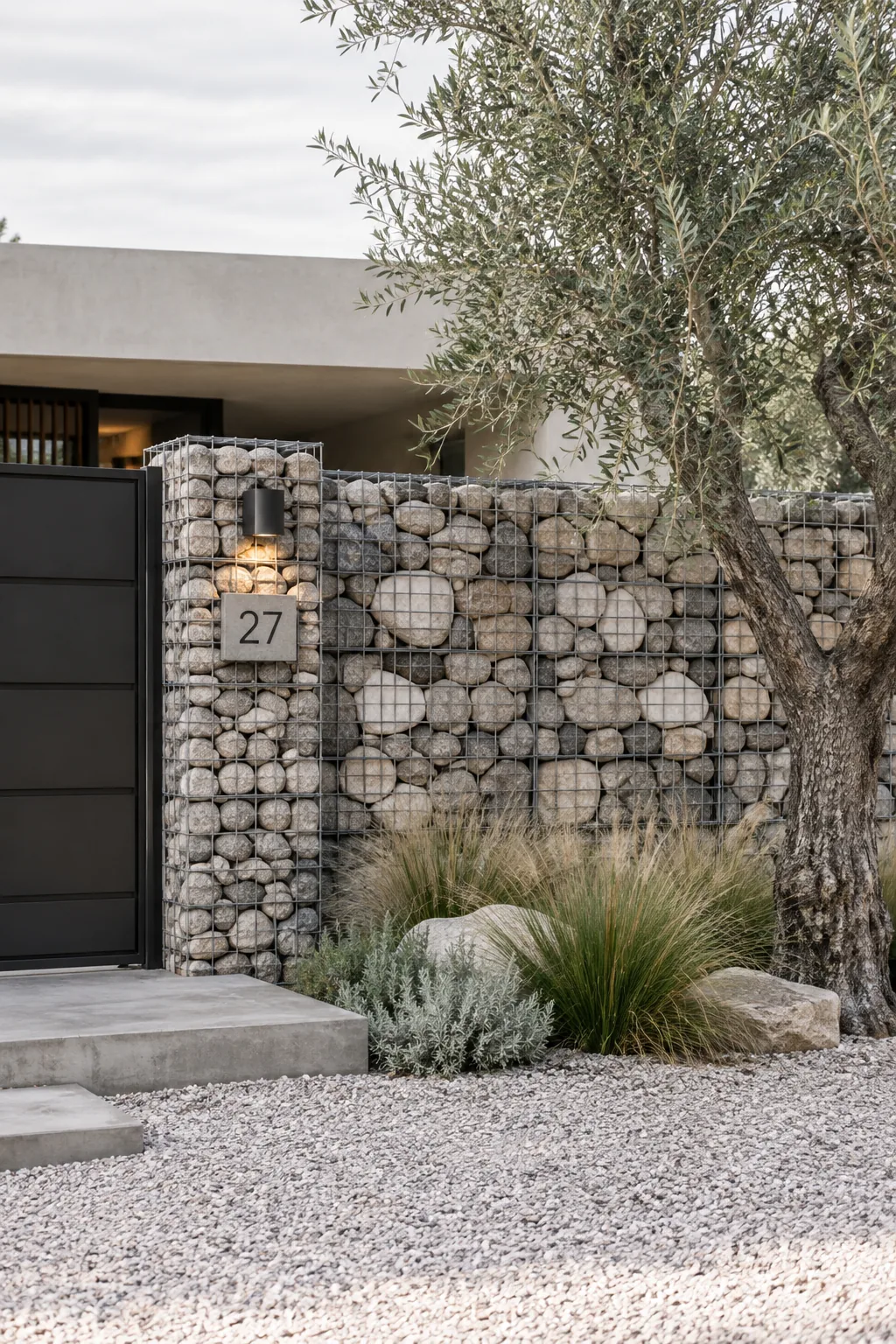 A modern gabion wall fence made of wire cages filled with large river rocks
