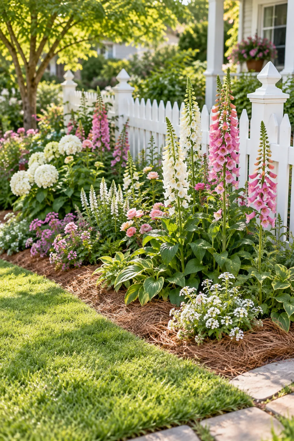 A cottage-style front yard garden bed filled with pastel foxgloves and bordered by a white picket fence.