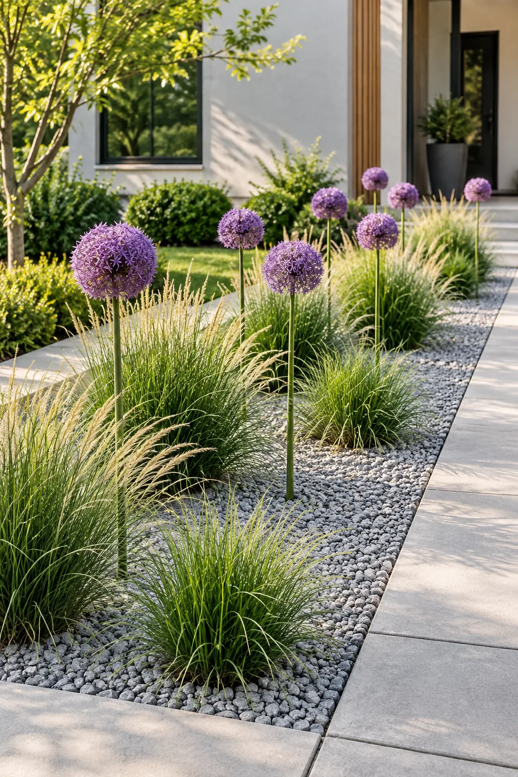 A modern minimalist garden bed featuring ornamental grasses and purple alliums planted in gray gravel next to a concrete path.