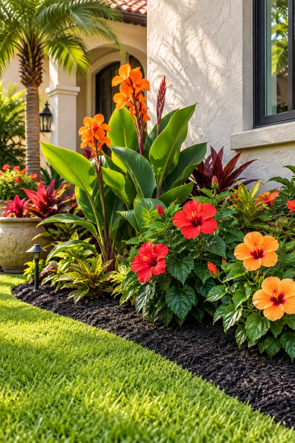 A lush tropical garden bed featuring large-leaved plants and bright red flowers against a stucco wall.