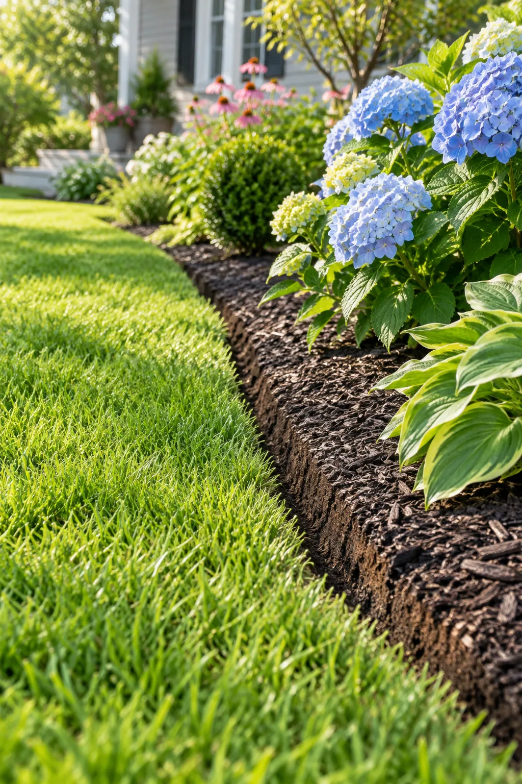 A close-up view of a sharp, vertical cut in the soil separating green grass from dark garden mulch.