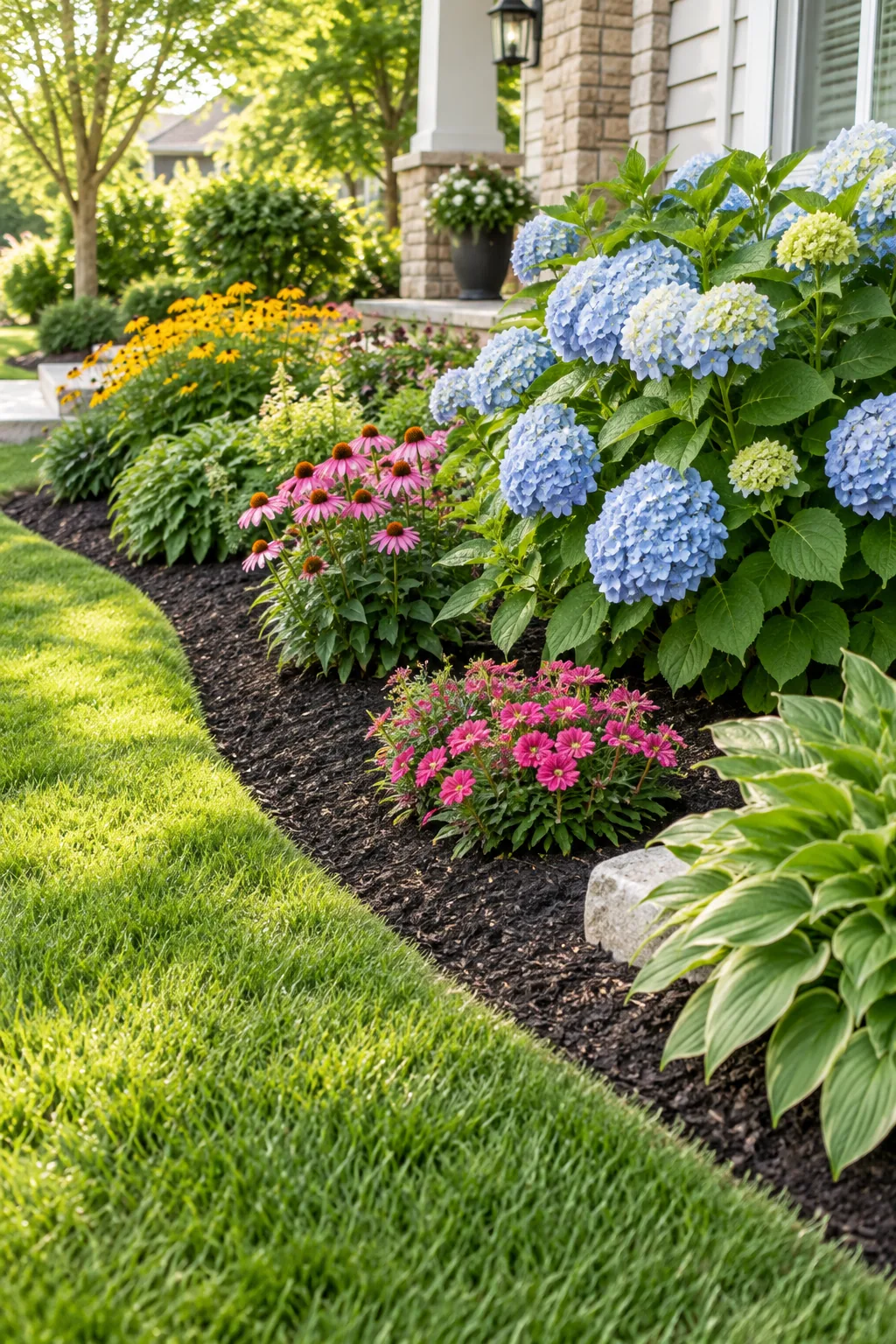 An elevated view of a garden bed showing the dark soil mounded higher in the center than at the edges.