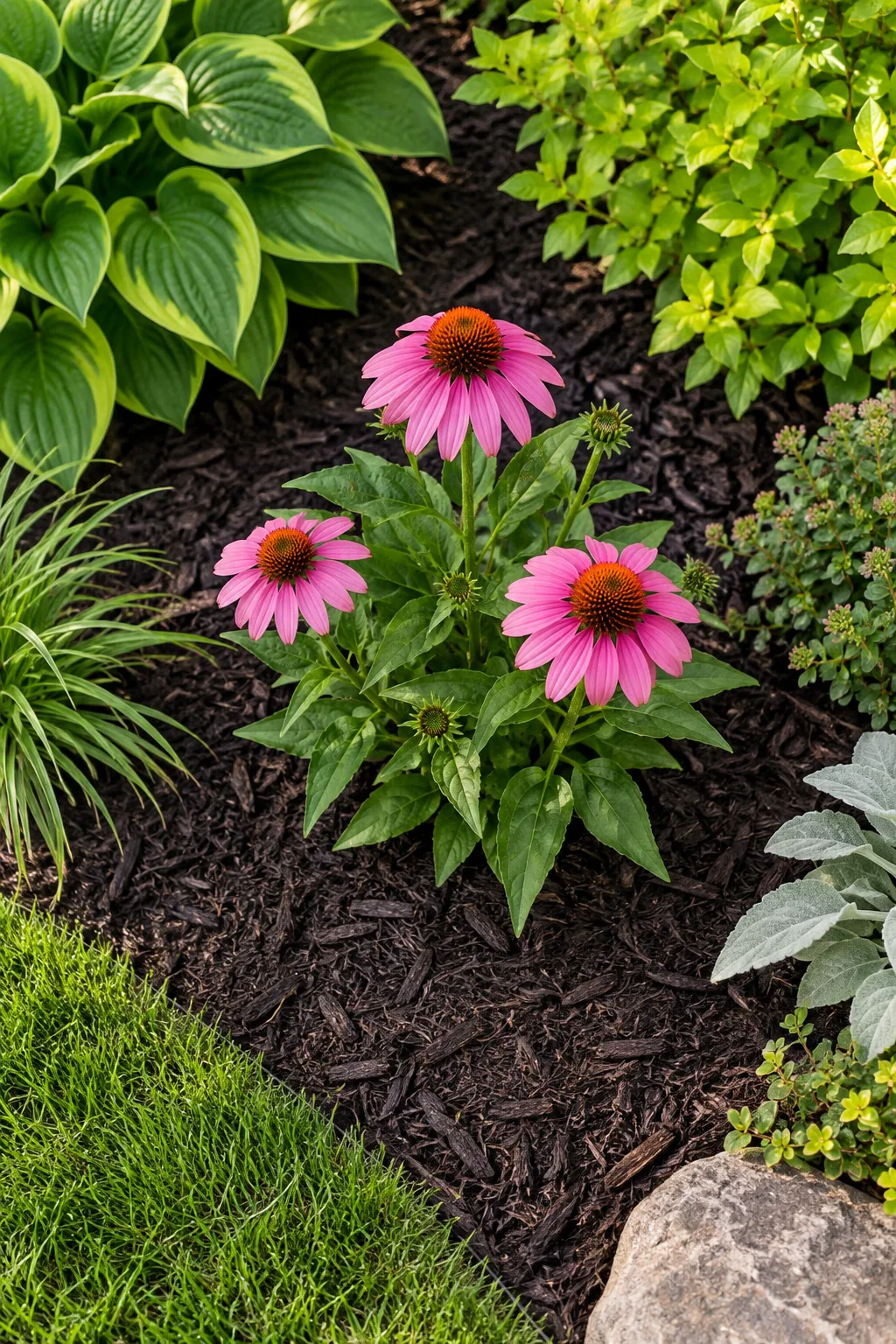 Dark, finely shredded wood mulch spread evenly around the green stems of garden plants.