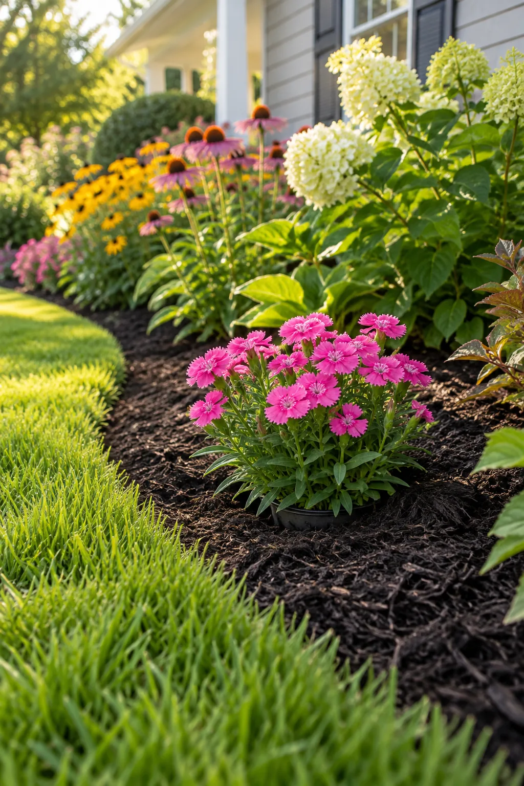 A bright pink flower sitting flush in the garden mulch, with the thin rim of a black plastic pot barely visible.