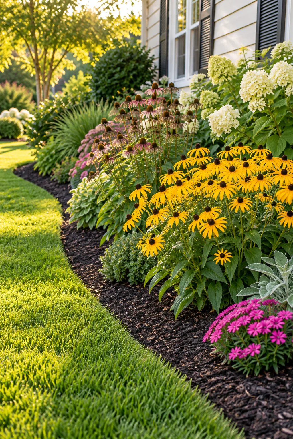 A garden bed showing a mix of blooming yellow flowers alongside lush green foliage of plants that have already flowered.