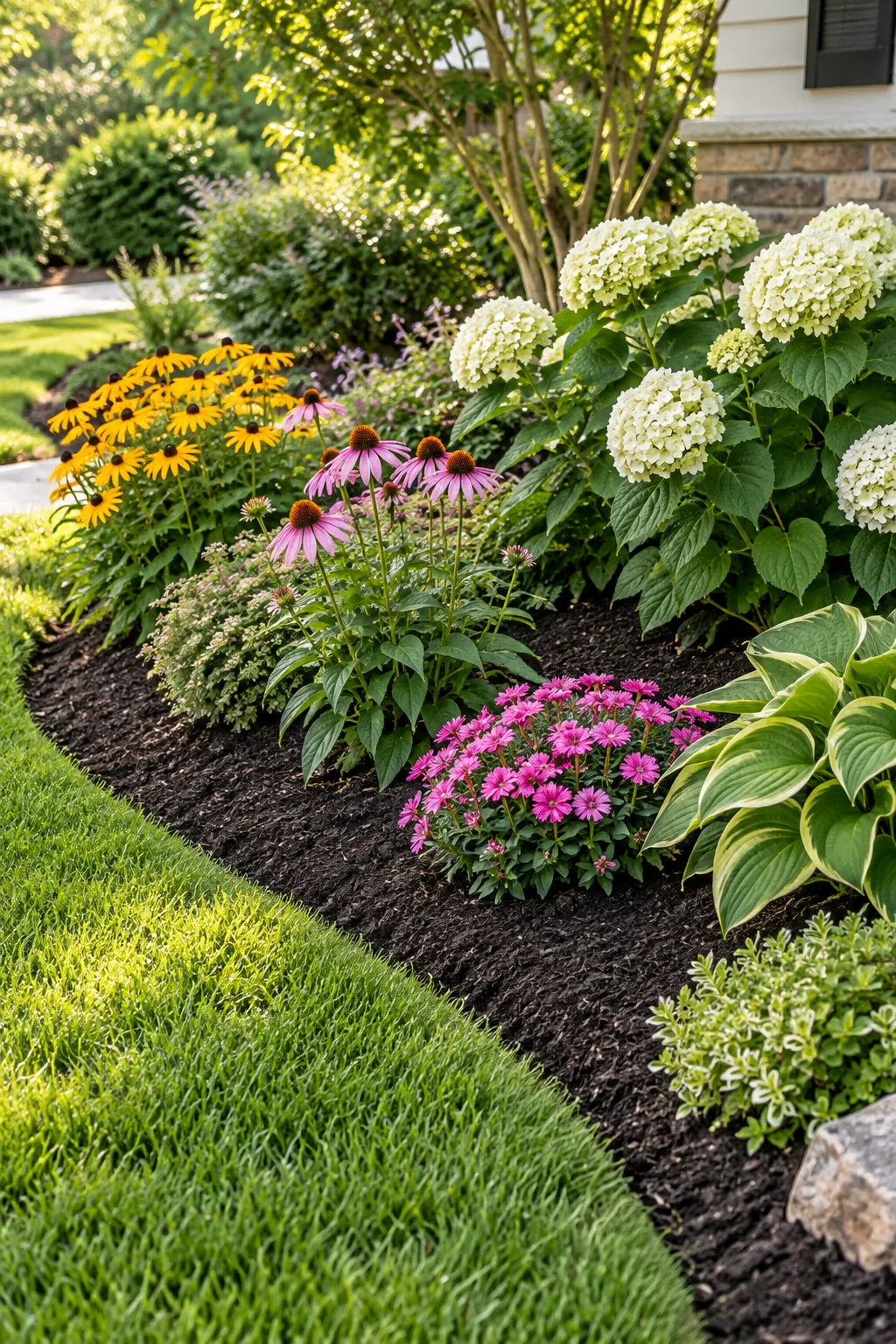 An overhead view of a styled garden bed showing the precise spacing and arrangement of the plants.