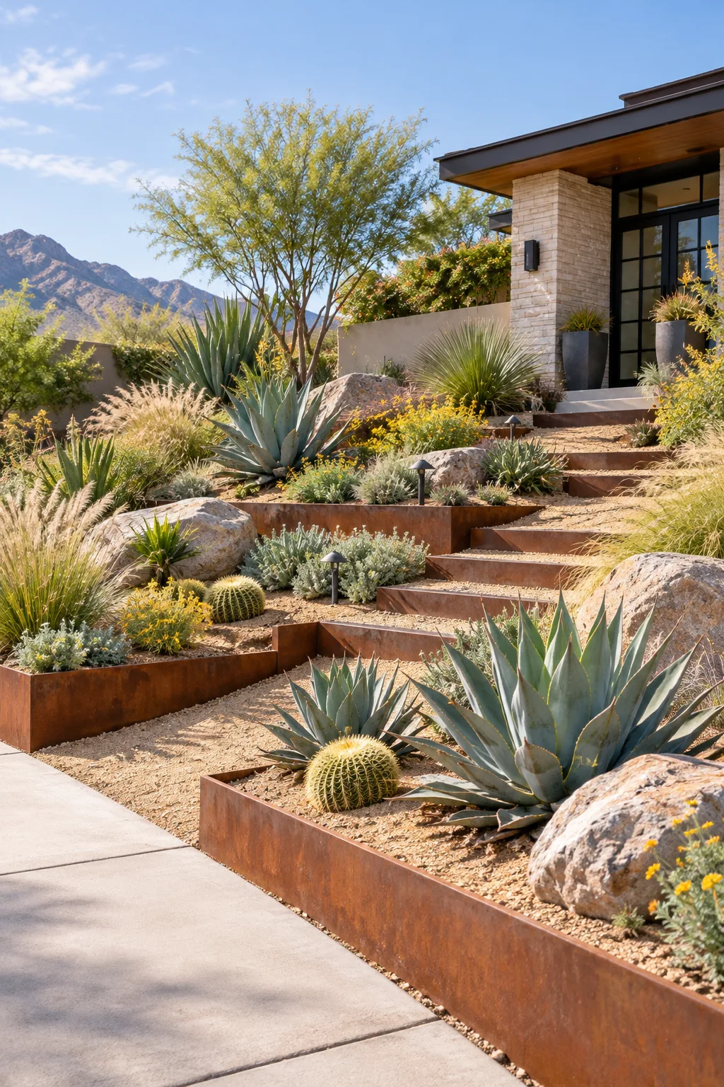 A modern desert sloped front yard with agave, decomposed granite, and corten steel.