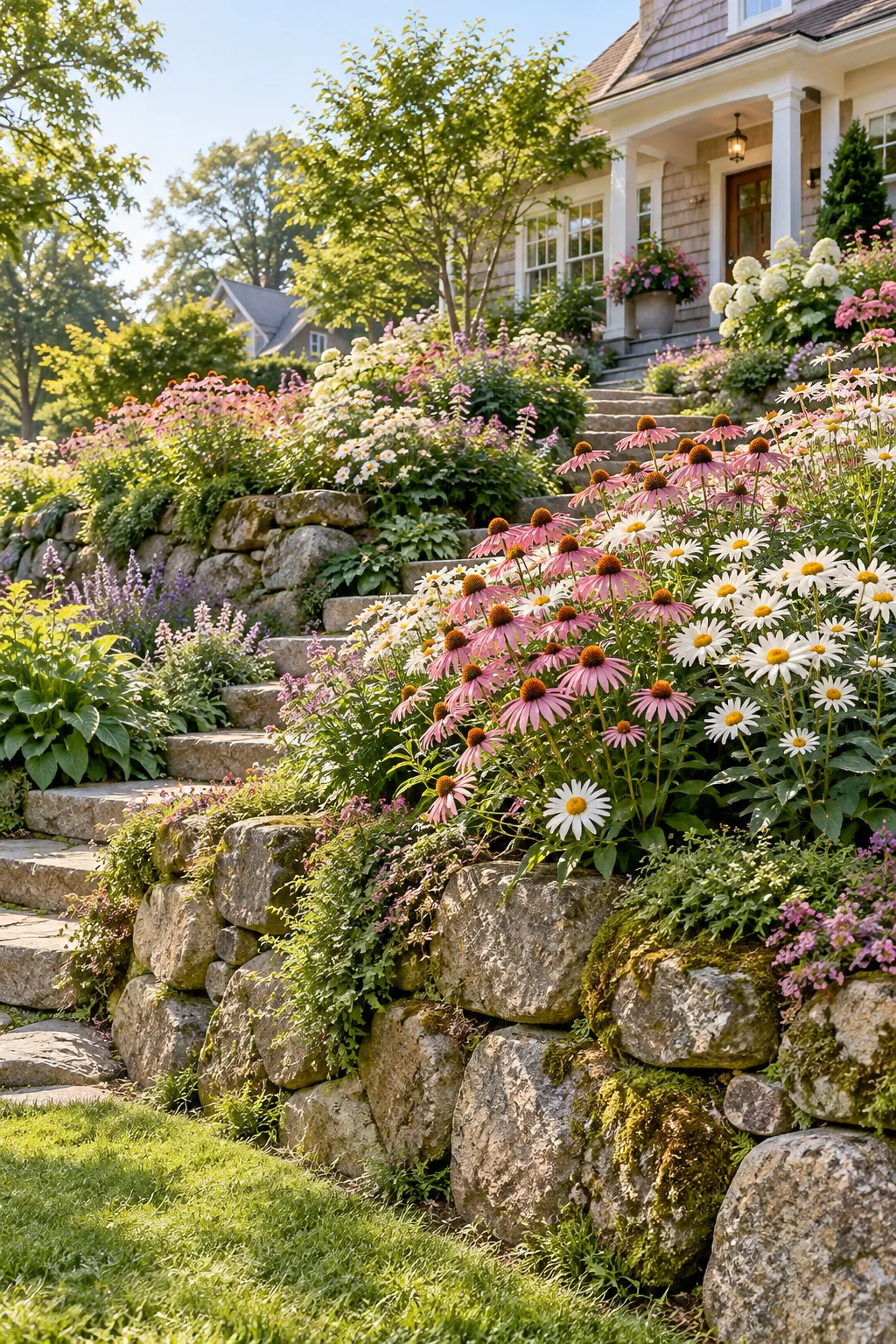 A cottage garden slope bursting with echinacea and daisies over mossy fieldstone.