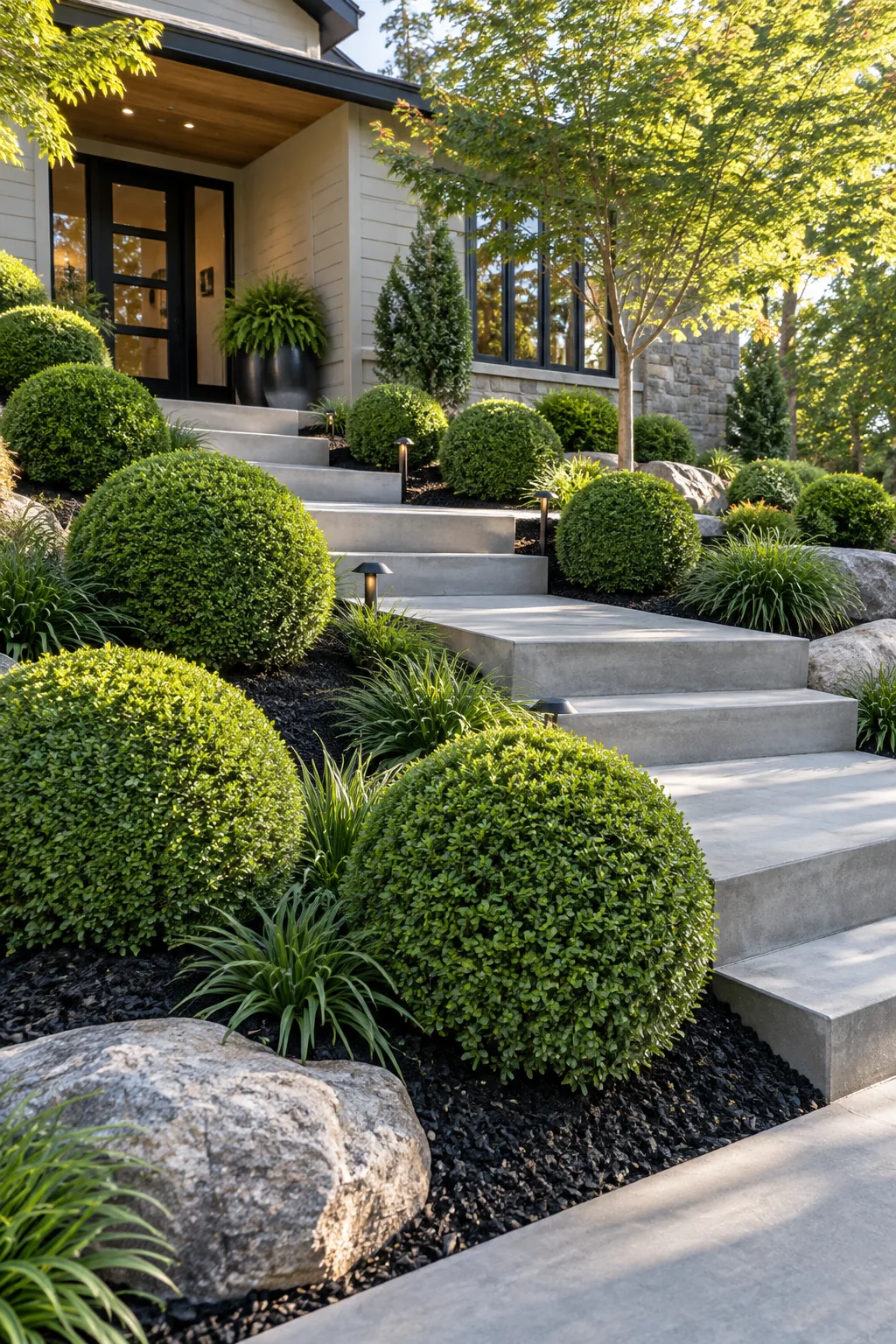 A minimalist evergreen terrace with clipped boxwoods, black mulch, and concrete steps.