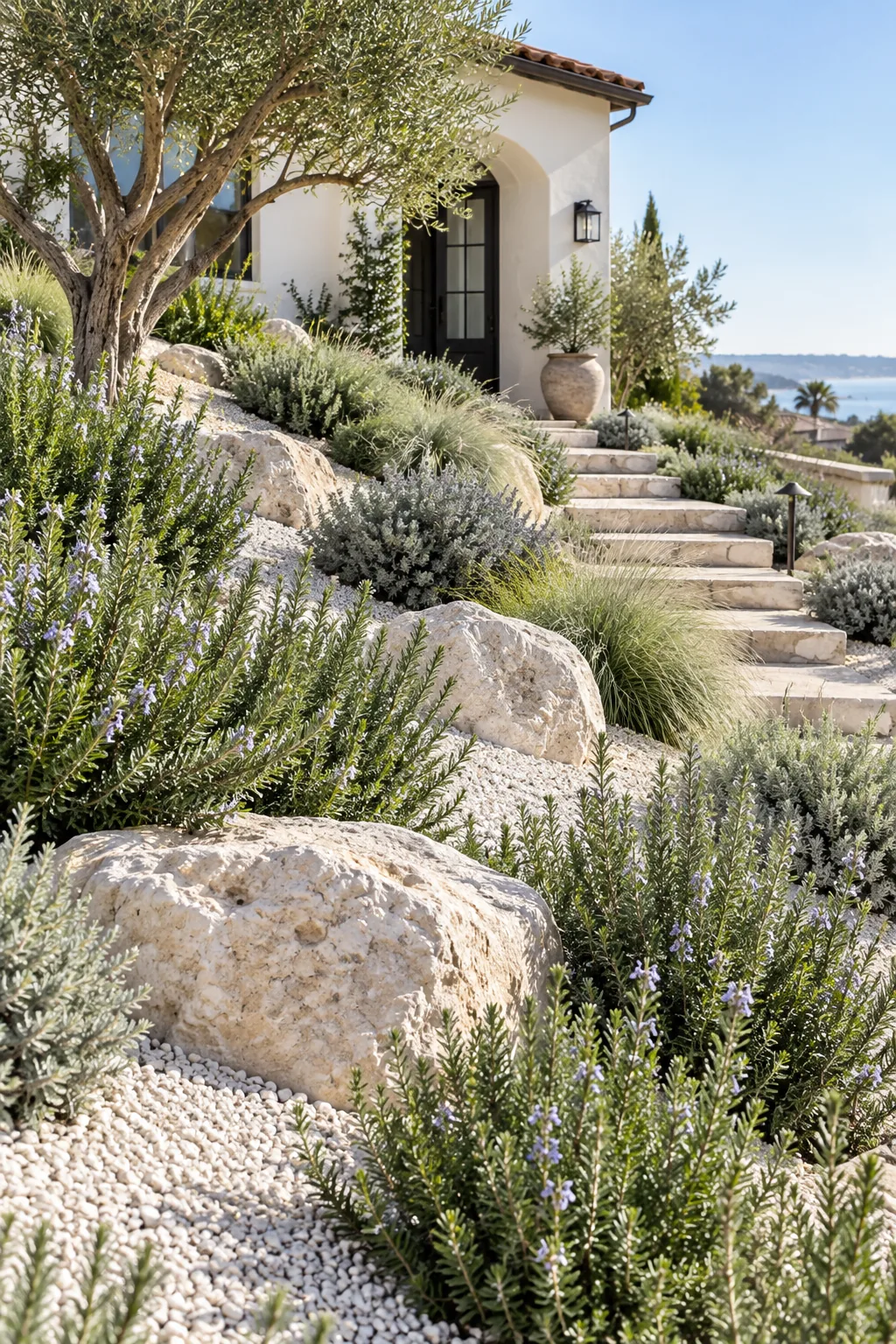 A Mediterranean coastal bank with rosemary, white gravel, and pale limestone boulders.