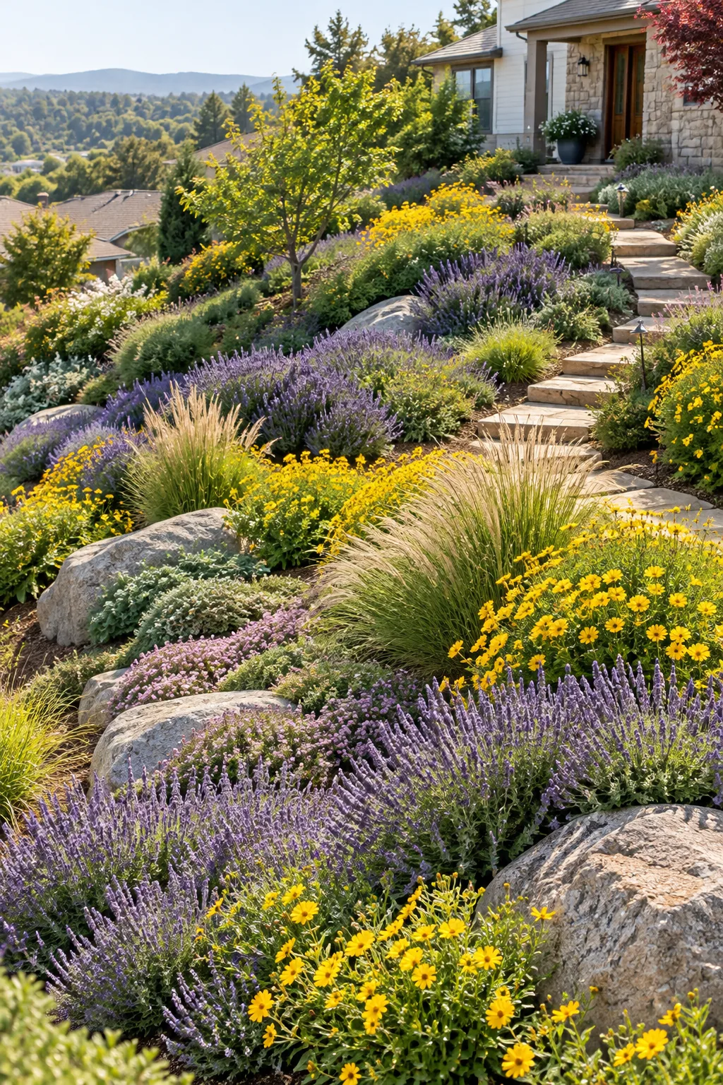 A large weathered granite boulder nestled deeply into a sloped garden bed surrounded by yellow coreopsis.