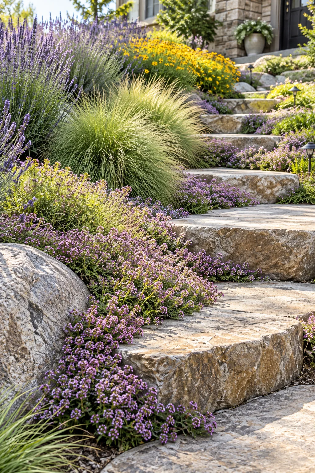 Mature lavender and ornamental grasses growing in staggered, offset drifts on a hillside.