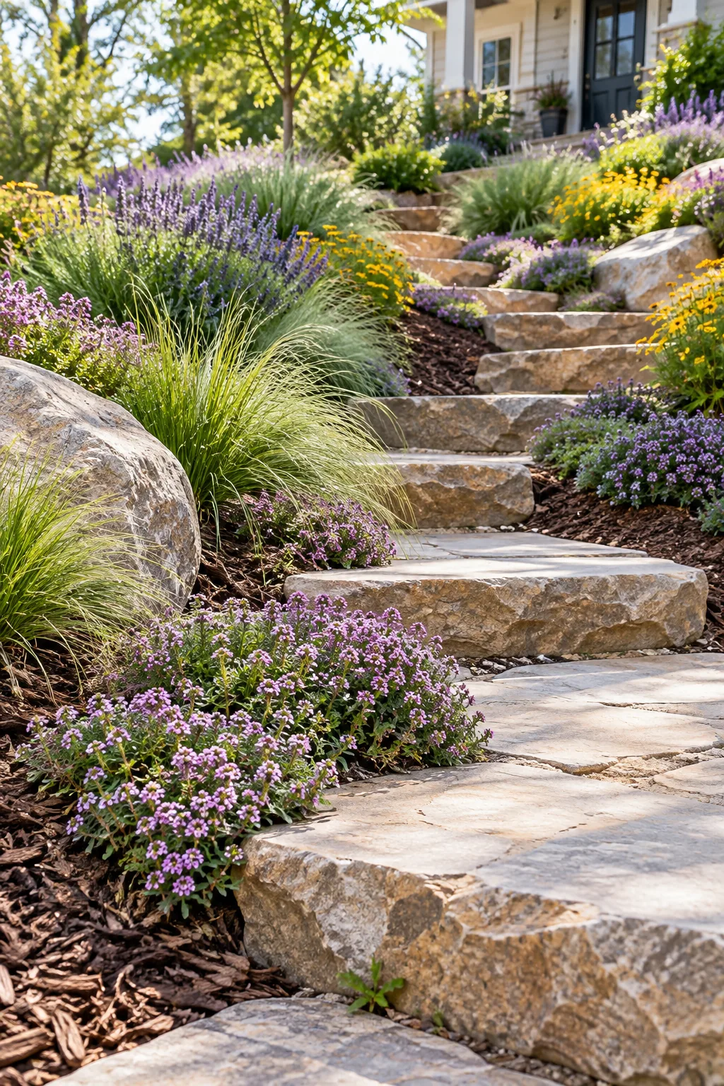 Creeping thyme and ornamental fescue spilling over a natural stone step on a landscaped hill.