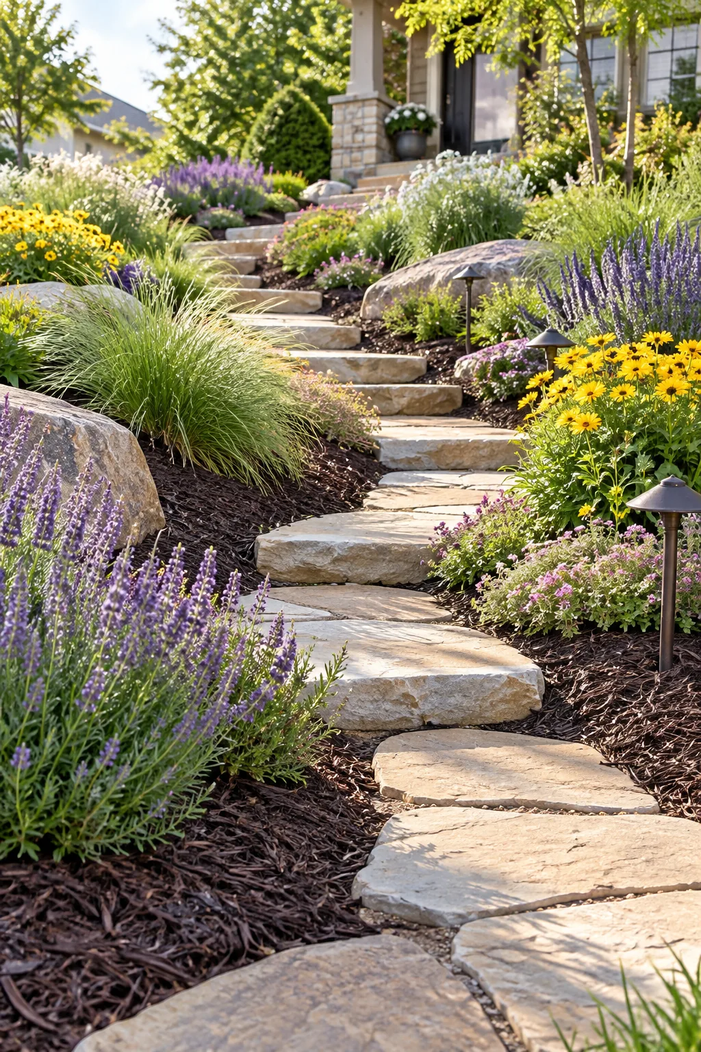 A curving flagstone path on a hill surrounded by dark, shredded hardwood mulch and perennials.