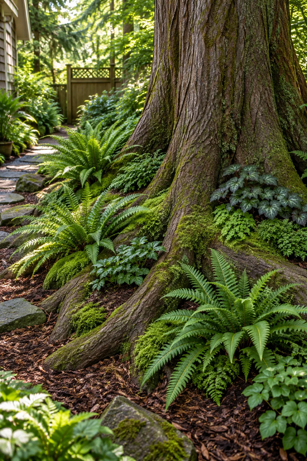 Lush ferns and moss growing between the roots of a large cedar tree in a shaded yard.