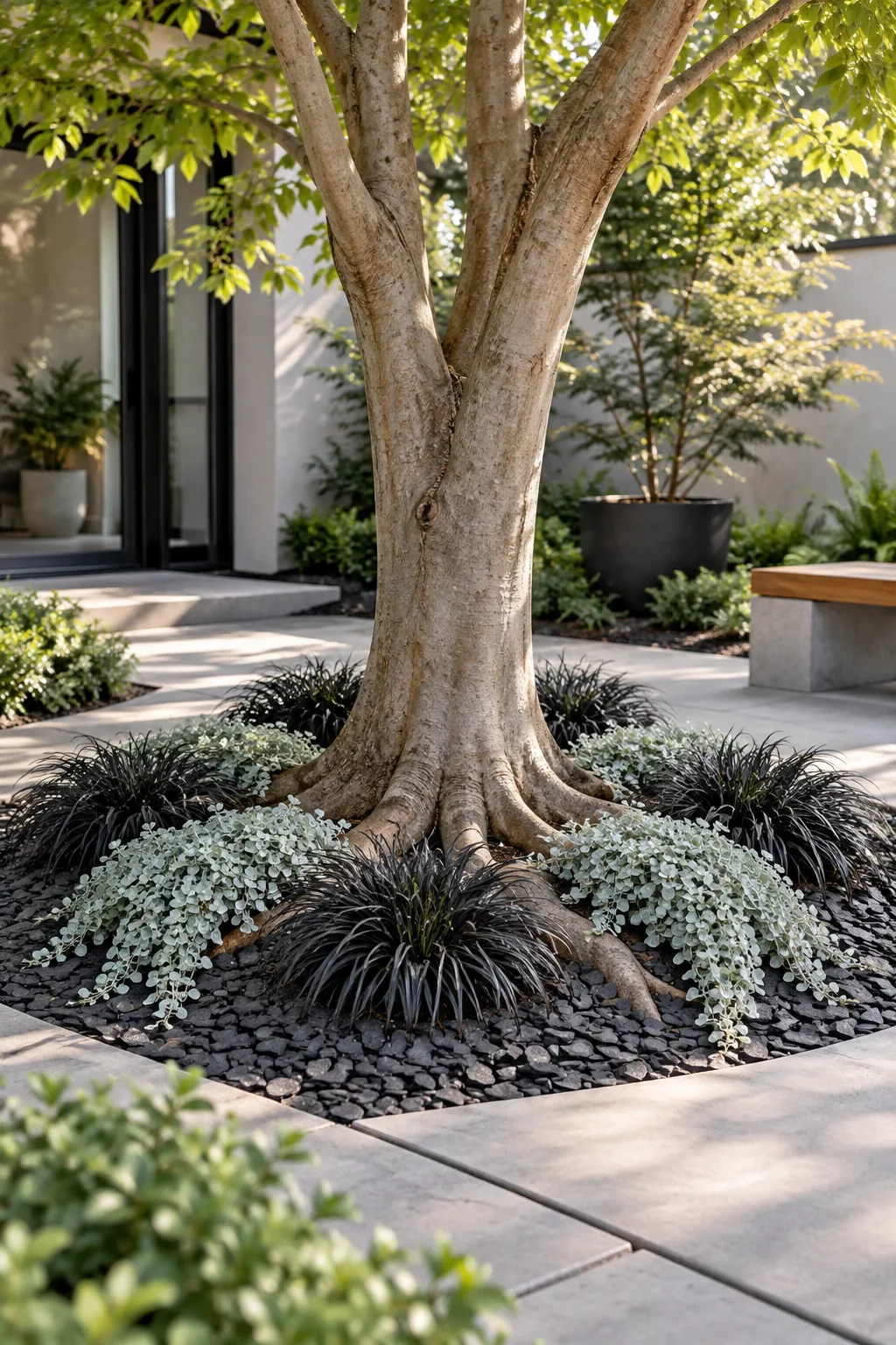 Silver and black grasses planted symmetrically around a smooth-barked tree with black slate mulch.