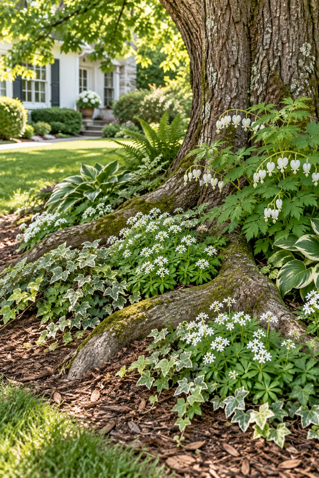 White blooming shade plants and ivy spilling over the roots of an old oak tree.
