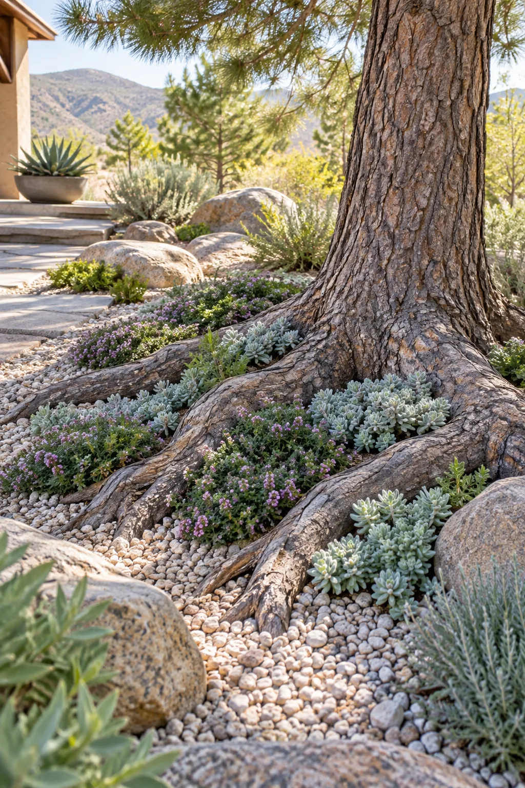Drought-tolerant creeping thyme and silver sedum growing between pine tree roots in pale gravel.