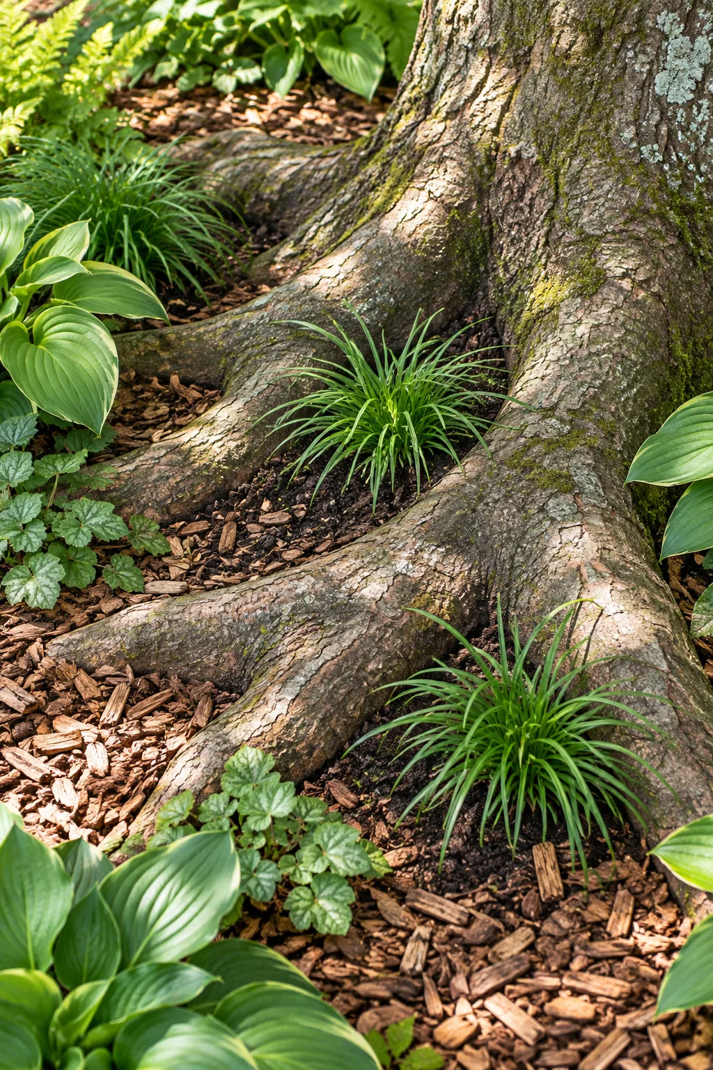 Flared base of a mature maple tree with bare bark clearly visible above a layer of wood chips.
