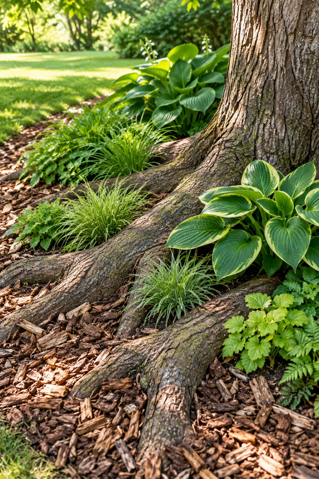 Small green sedge plants growing in narrow, dark compost-filled soil pockets between thick, woody tree roots.