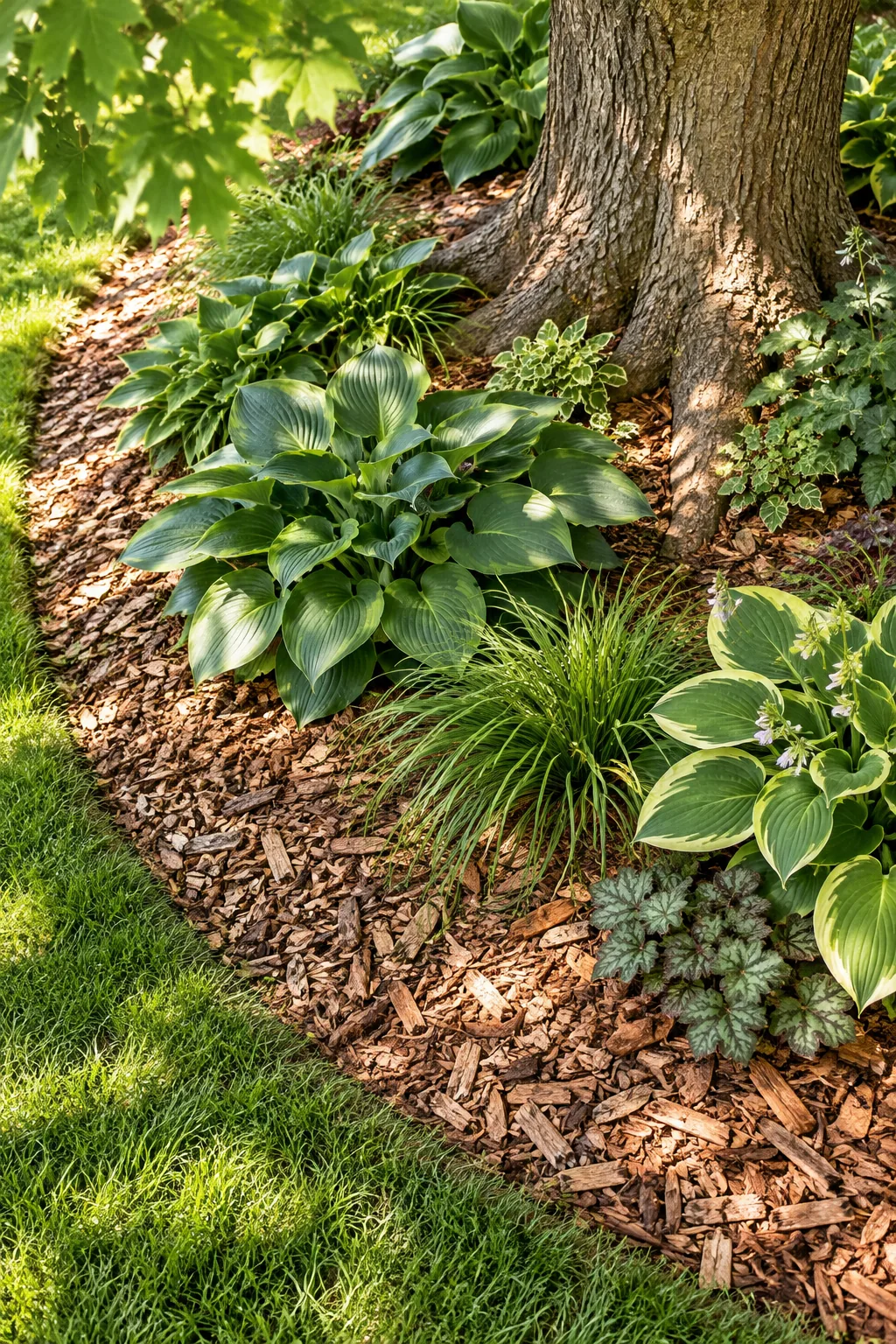 Coarse, mixed-size wood chips spread around the base of green shade plants under a tree.