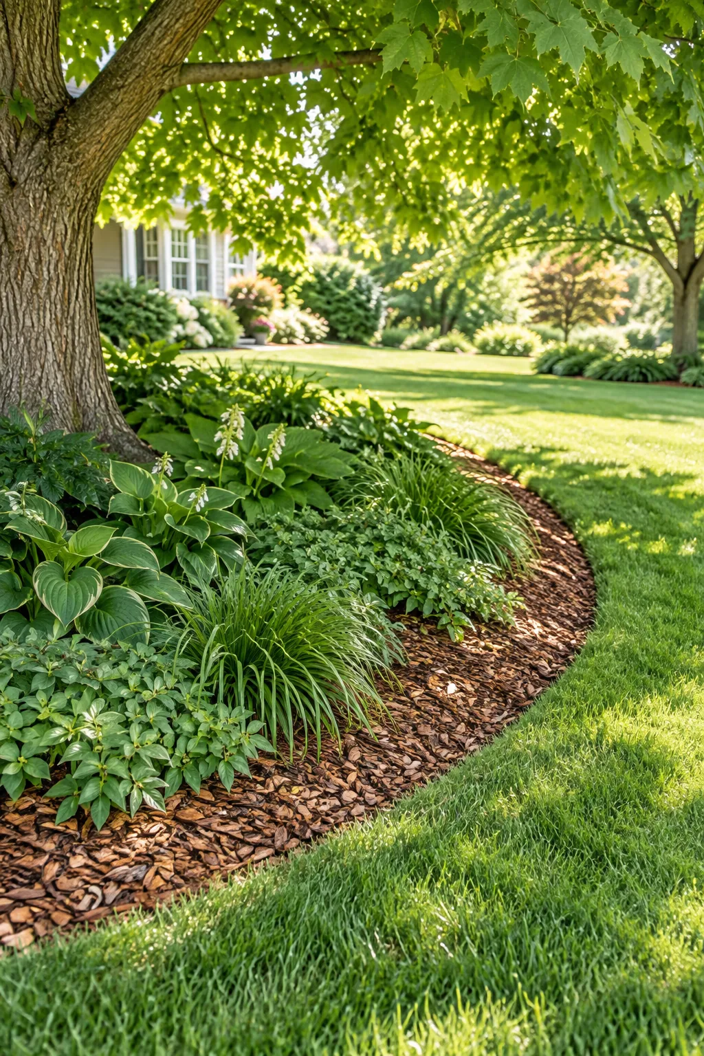 Curved edge of a wood-chip garden bed meeting green lawn directly under the outer branches of a tree.