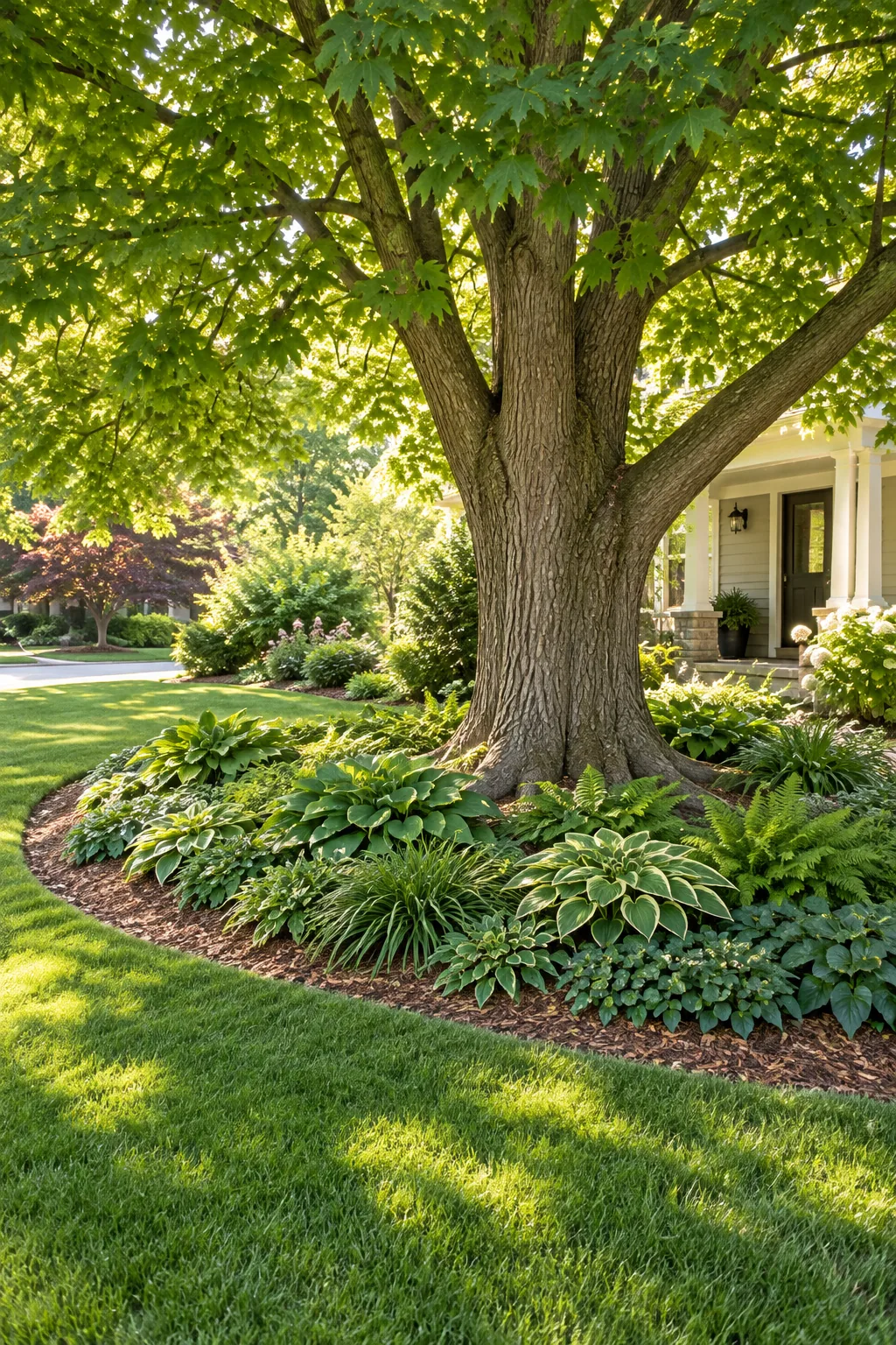 Large maple tree in a front yard surrounded by a healthy, dense groundcover bed.