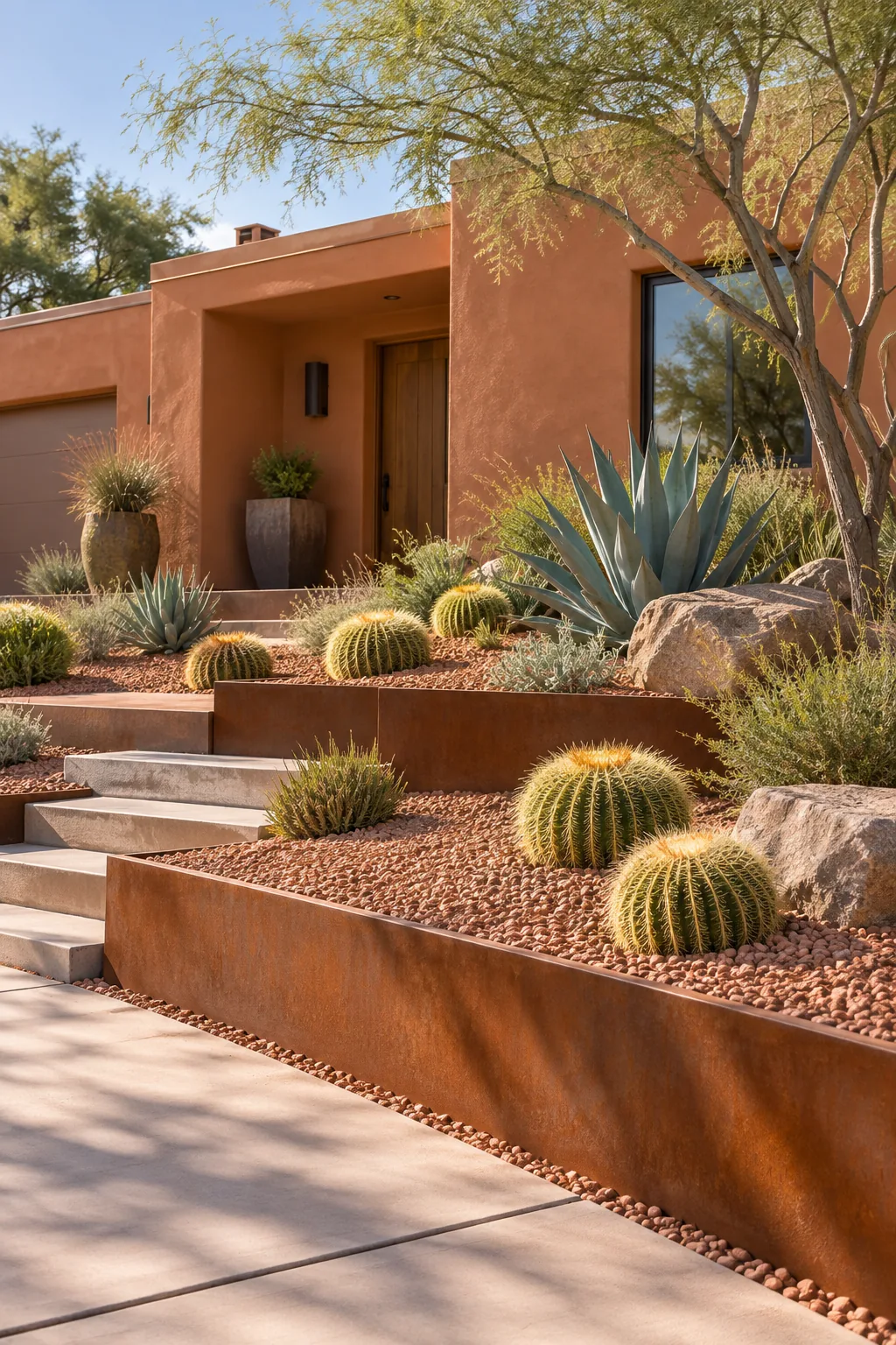 Desert Modern front yard rock garden with warm terracotta stone, corten steel, and golden barrel cacti.