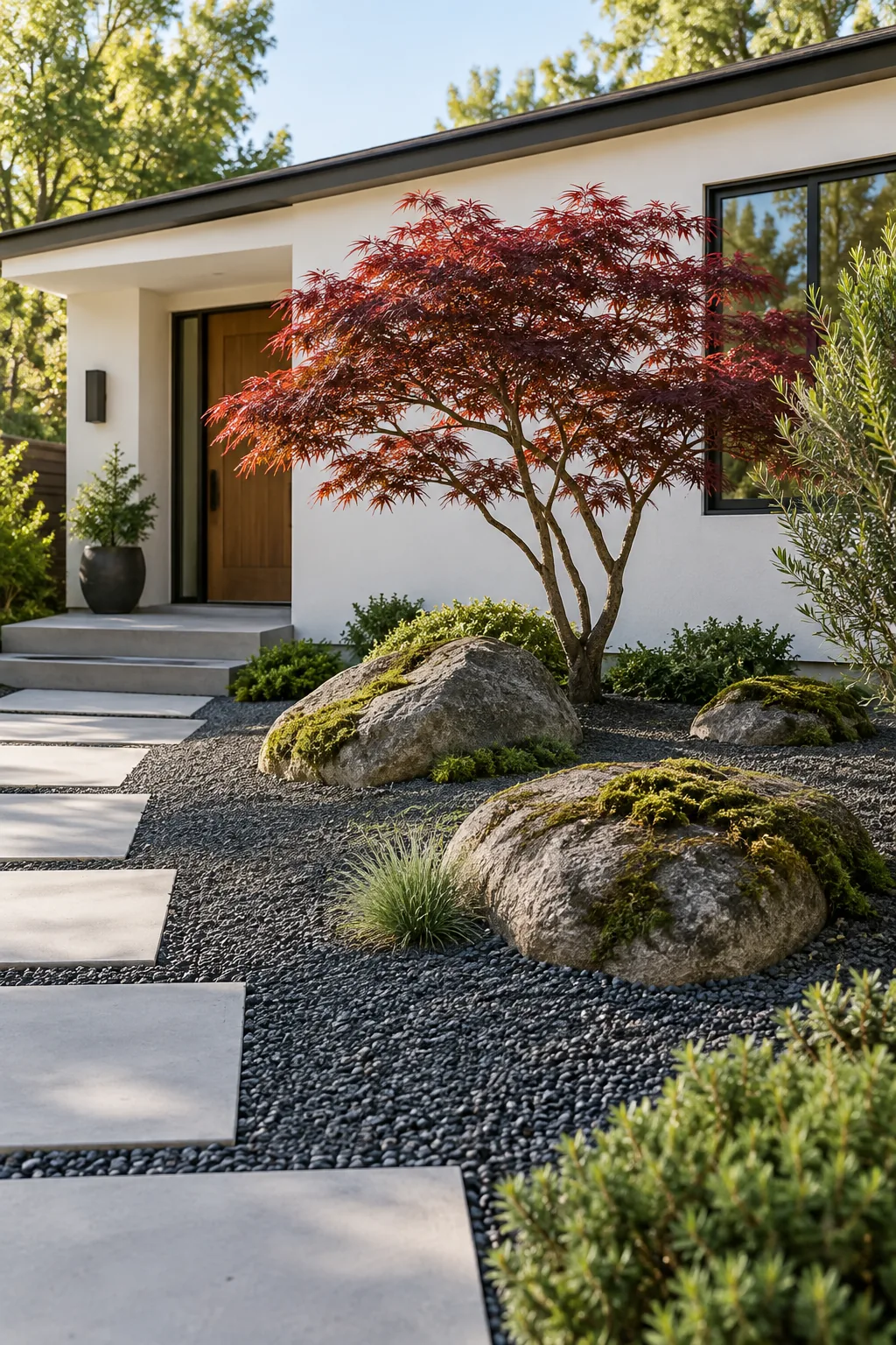 Zen Minimalist front yard rock garden with dark basalt gravel, mossy boulders, and a Japanese maple.
