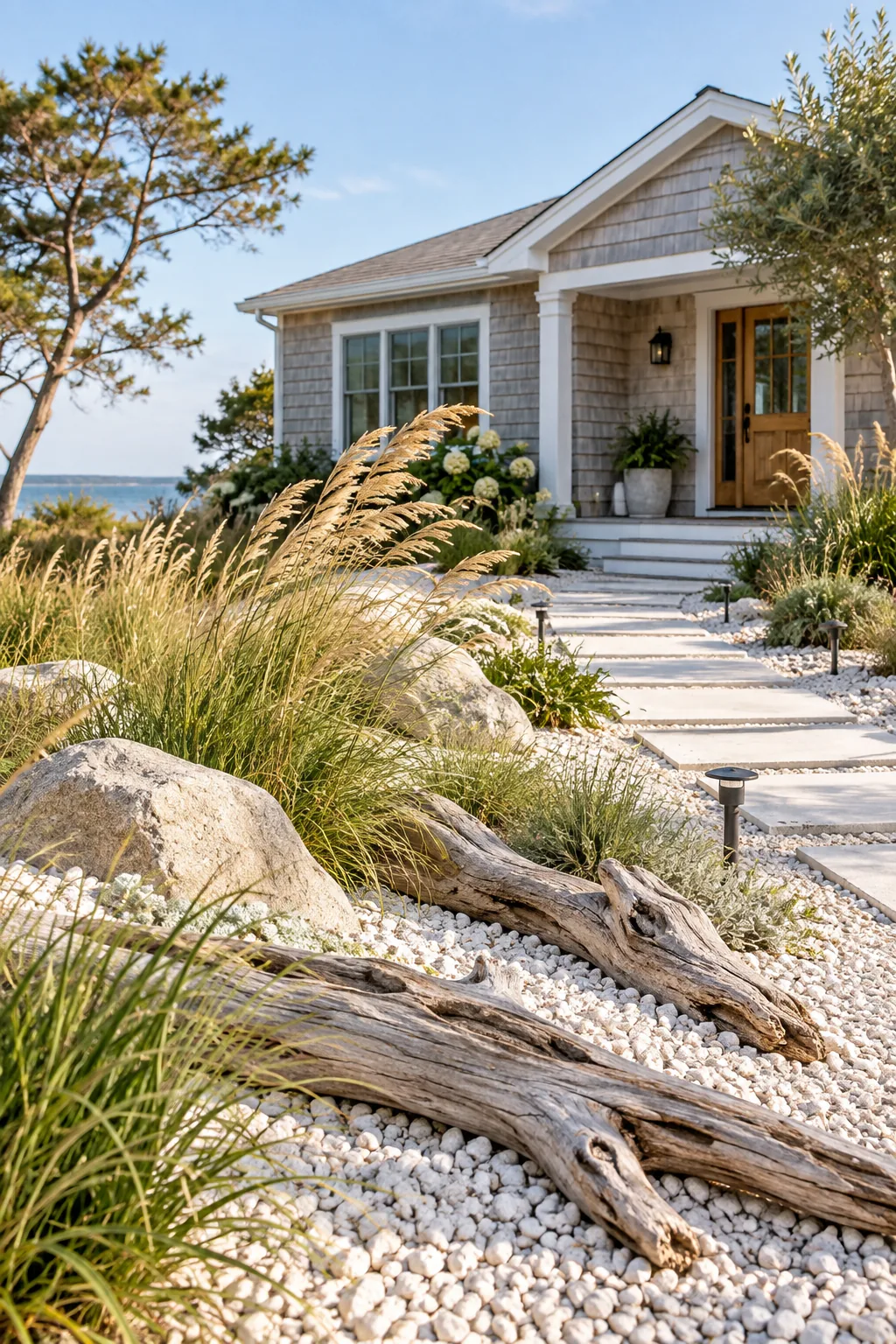 Coastal Contemporary front yard rock garden with white marble chips, driftwood, and sea oats.