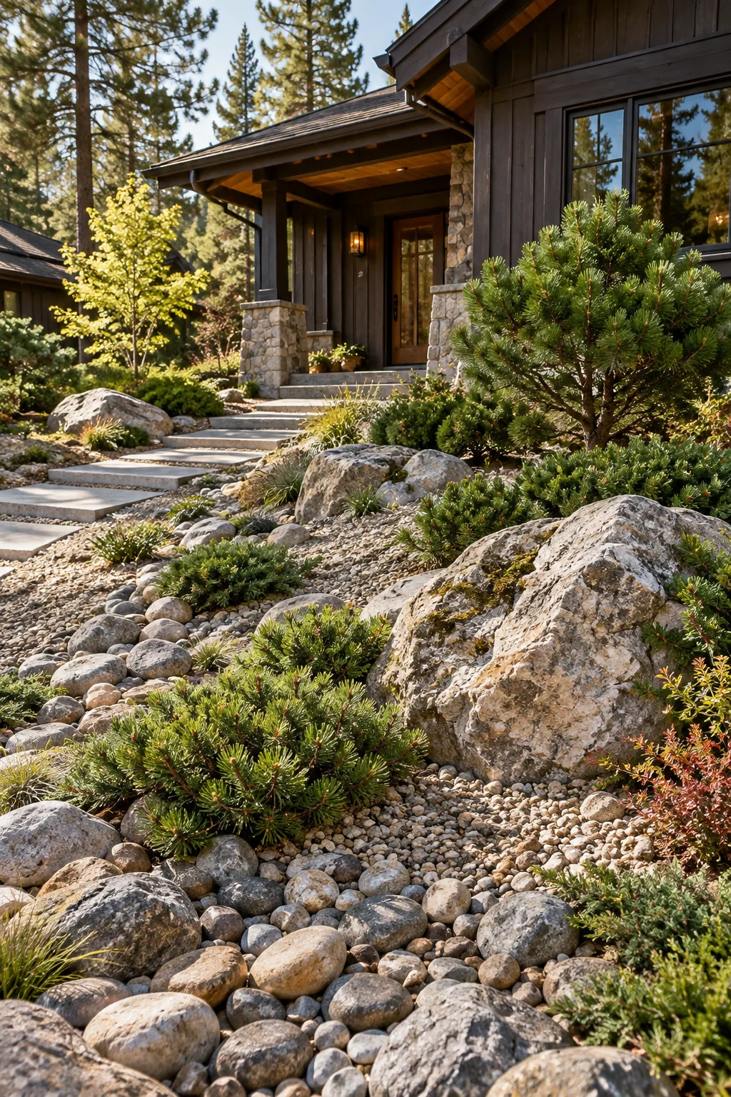 Woodland Alpine front yard rock garden with mixed river rock, limestone boulders, and dwarf pines.