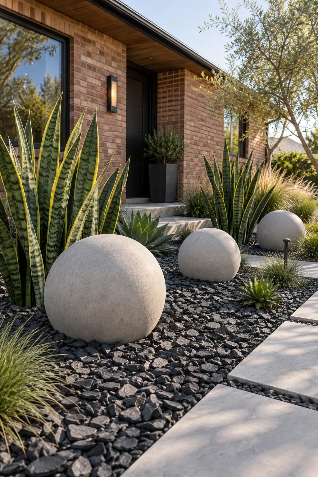 Urban Industrial front yard rock garden with black slate chips, concrete spheres, and snake plants.