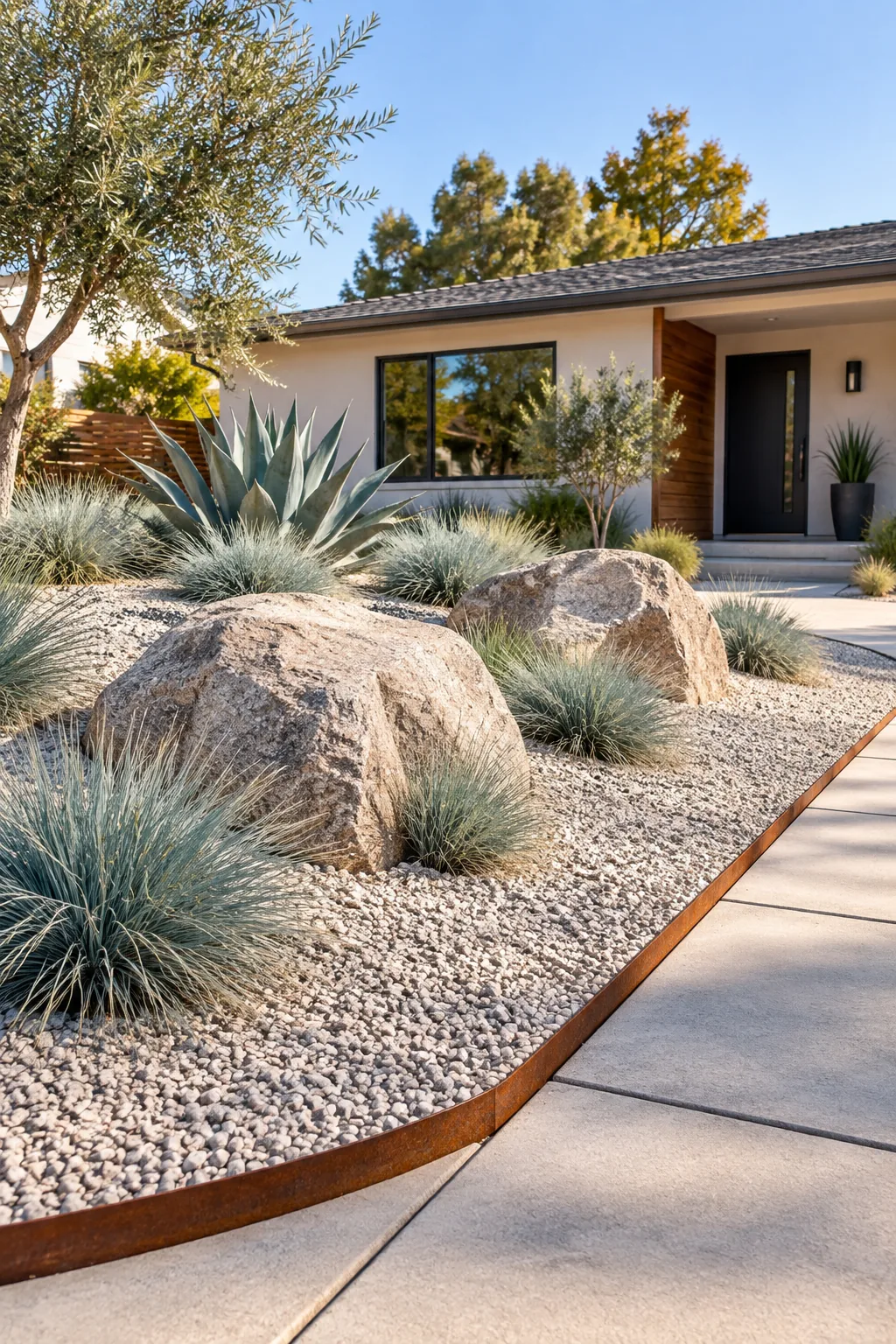 Close-up of rust-colored steel edging separating pale crushed granite from a concrete paver walkway.