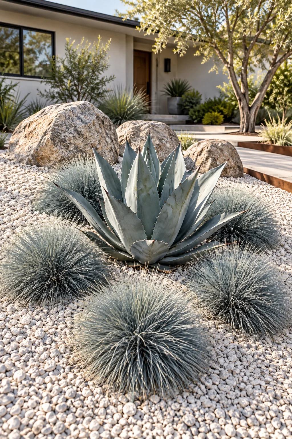 Three weathered granite boulders partially buried in a pale gravel berm, softened by silvery-blue fescue grasses.