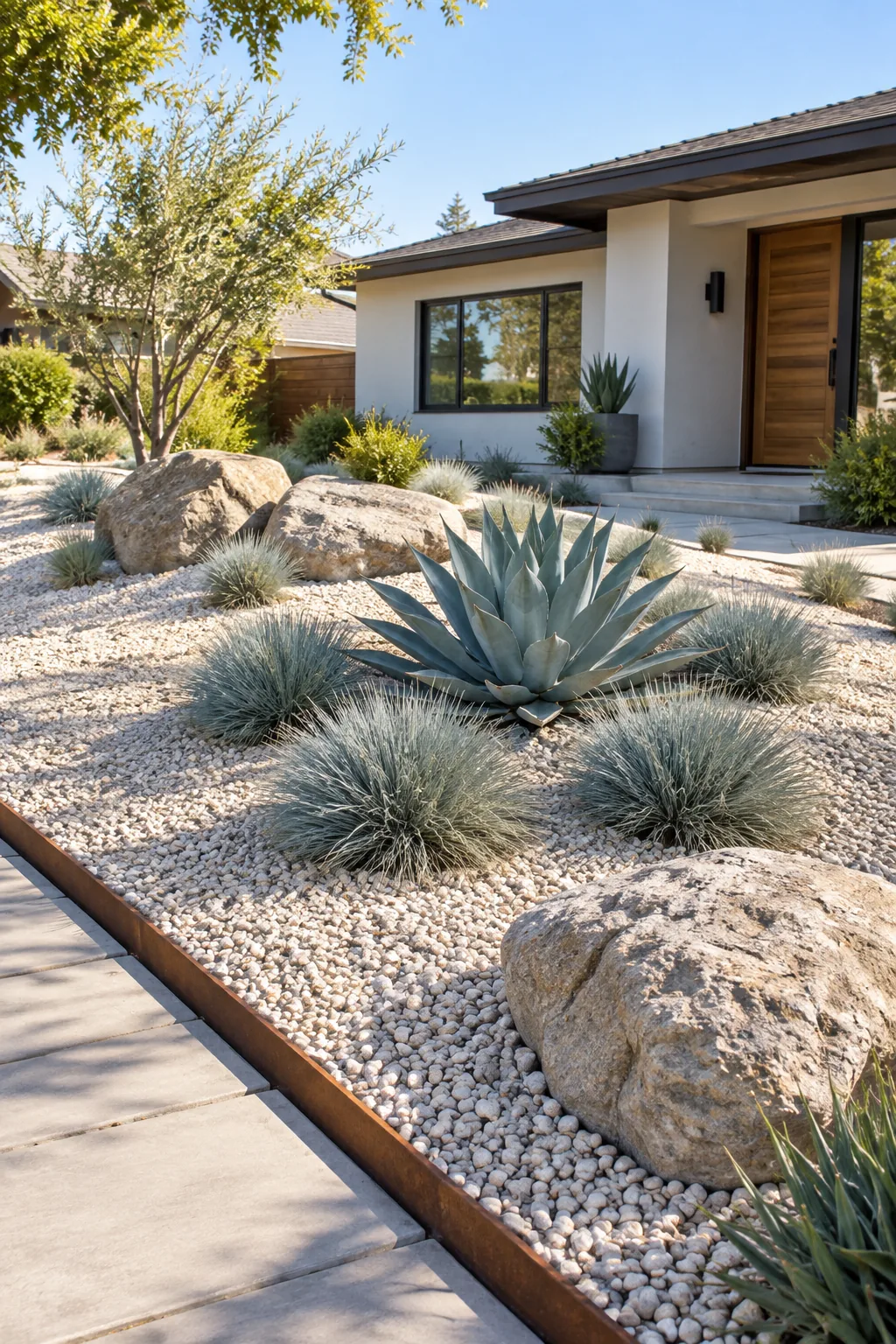 Overhead view of a large blue agave surrounded by five neat clumps of silvery-blue fescue in pale gravel.