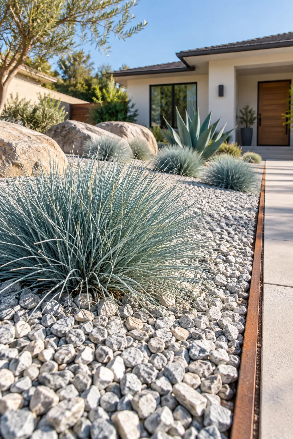 Elevated view of an expansive front yard rock garden showing the wide field of pale gray crushed granite and boulder groupings.