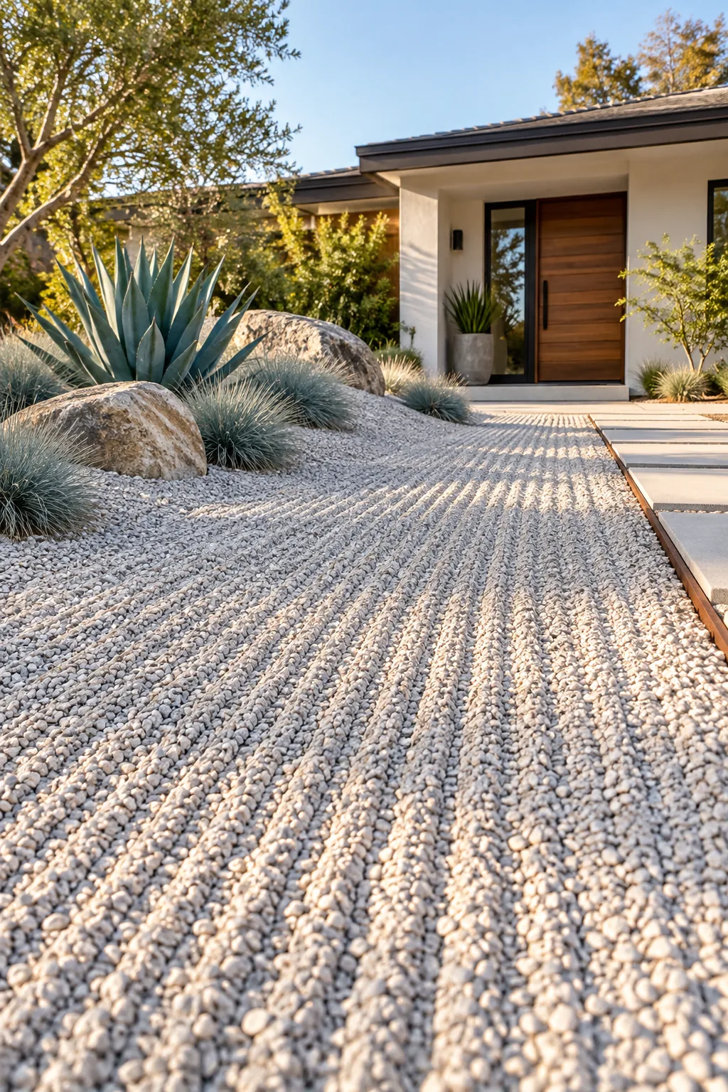 Low-angle view across a pale gravel field showing perfectly straight, crisp rake lines catching the late afternoon sun.
