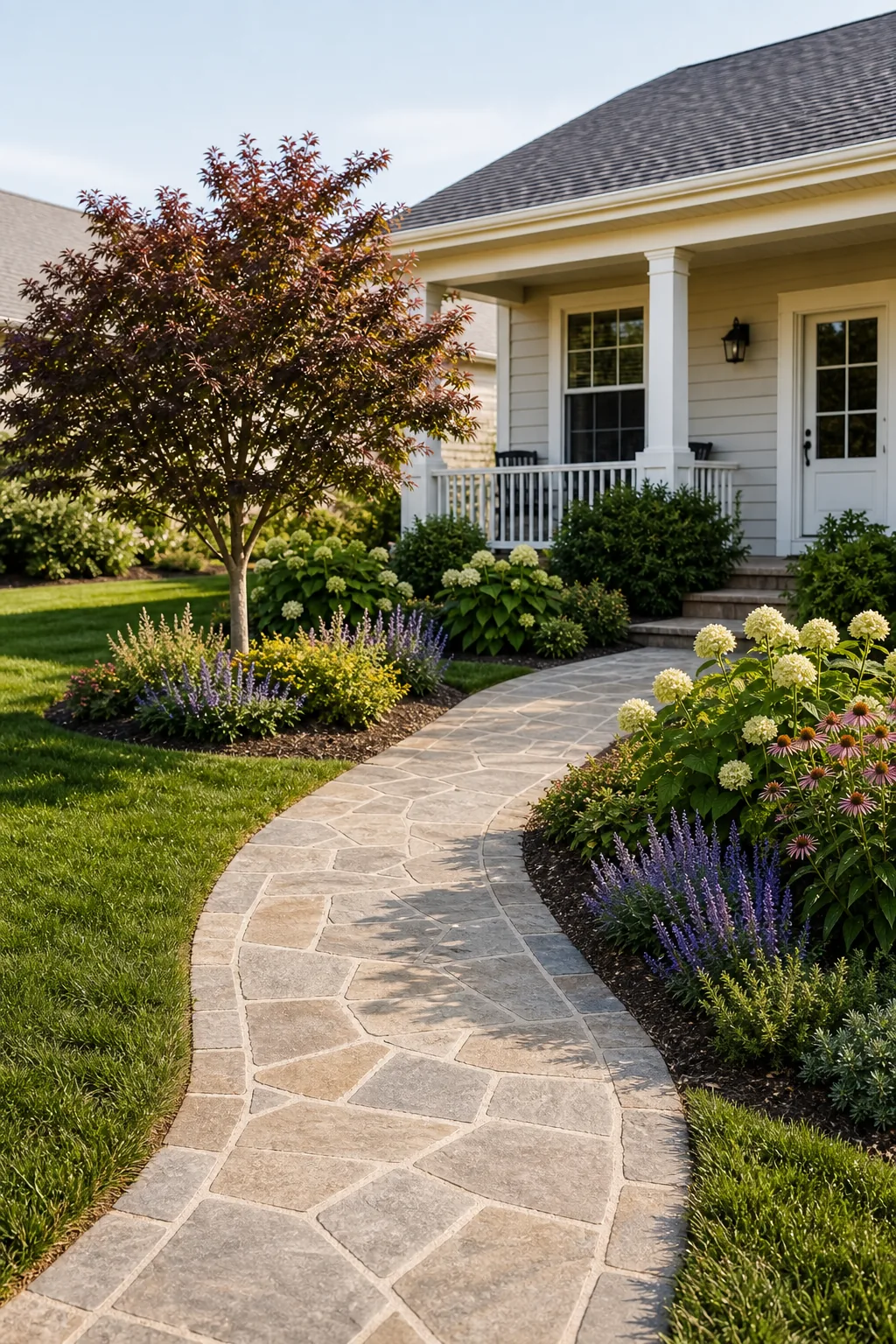 A wide, curving flagstone walkway leading through a green lawn toward a house porch.