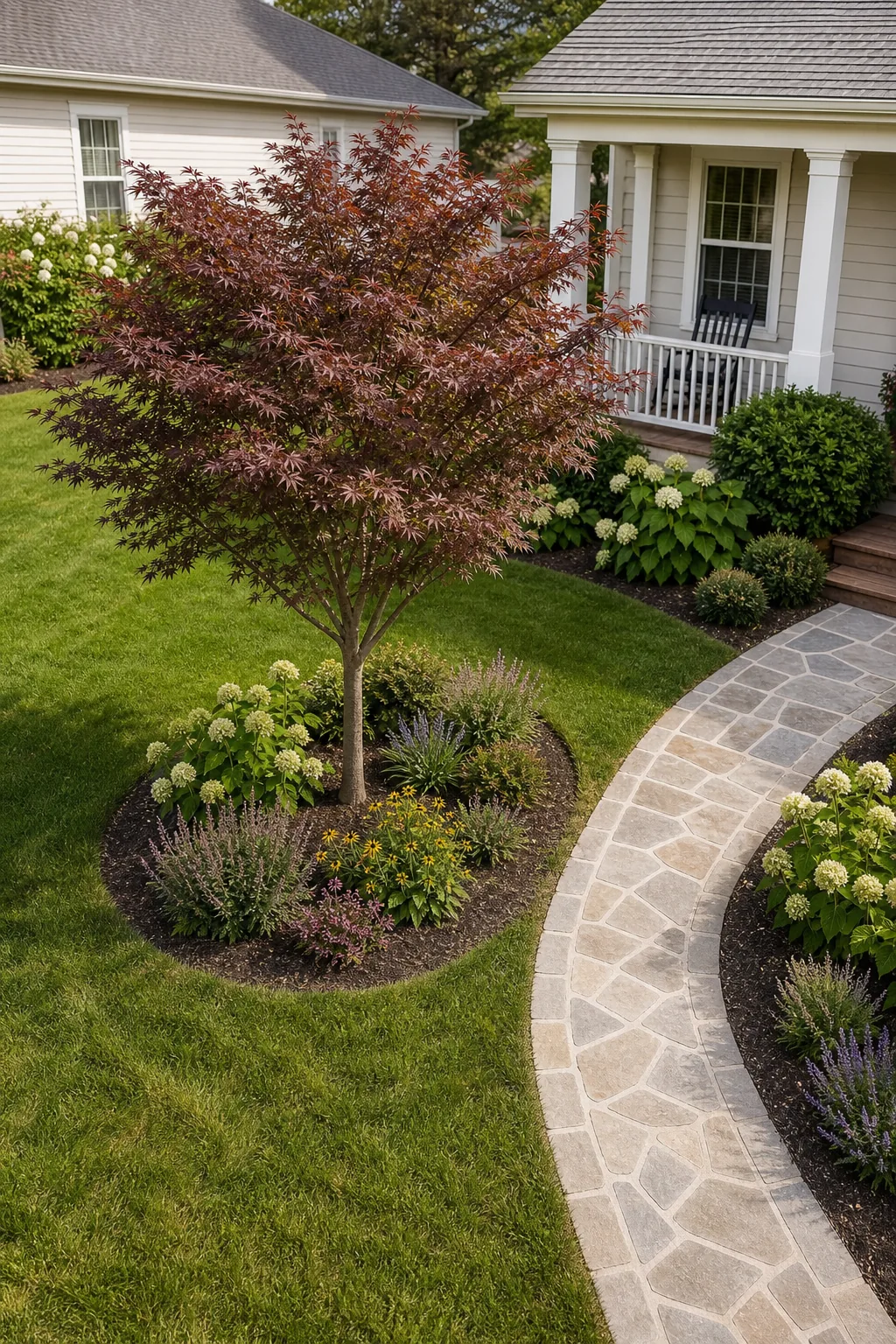 A small ornamental tree with maroon leaves planted in a front lawn, safely distanced from the walkway and house.