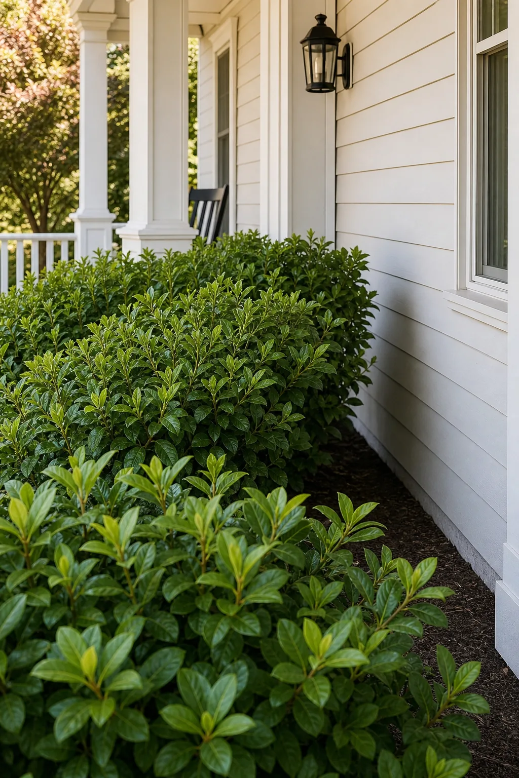 A row of dense green foundation shrubs planted along a porch with a visible gap between the plants and the house siding.