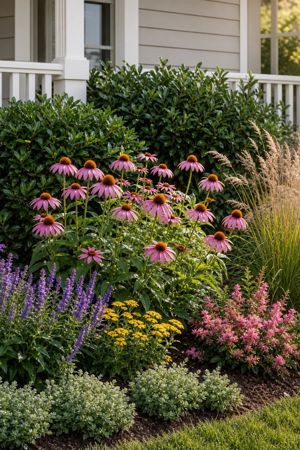 A garden bed featuring a mix of blooming purple coneflowers and permanent dark green evergreen shrubs.