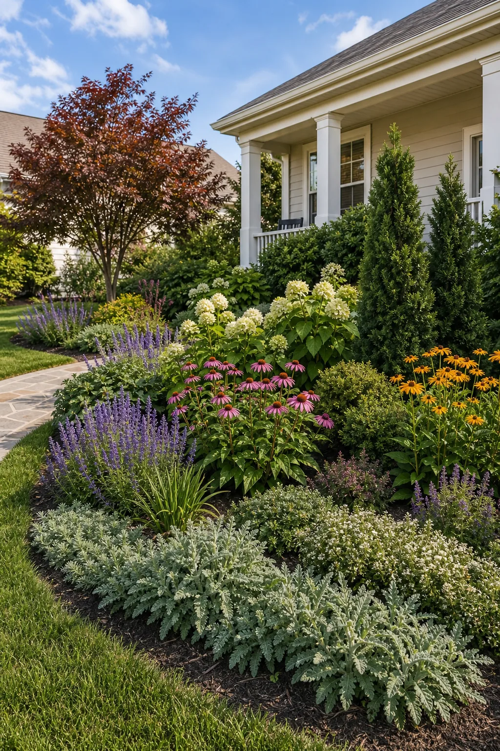 A deeply layered garden bed showing tall shrubs in the back, medium flowers in the middle, and low plants in the front.