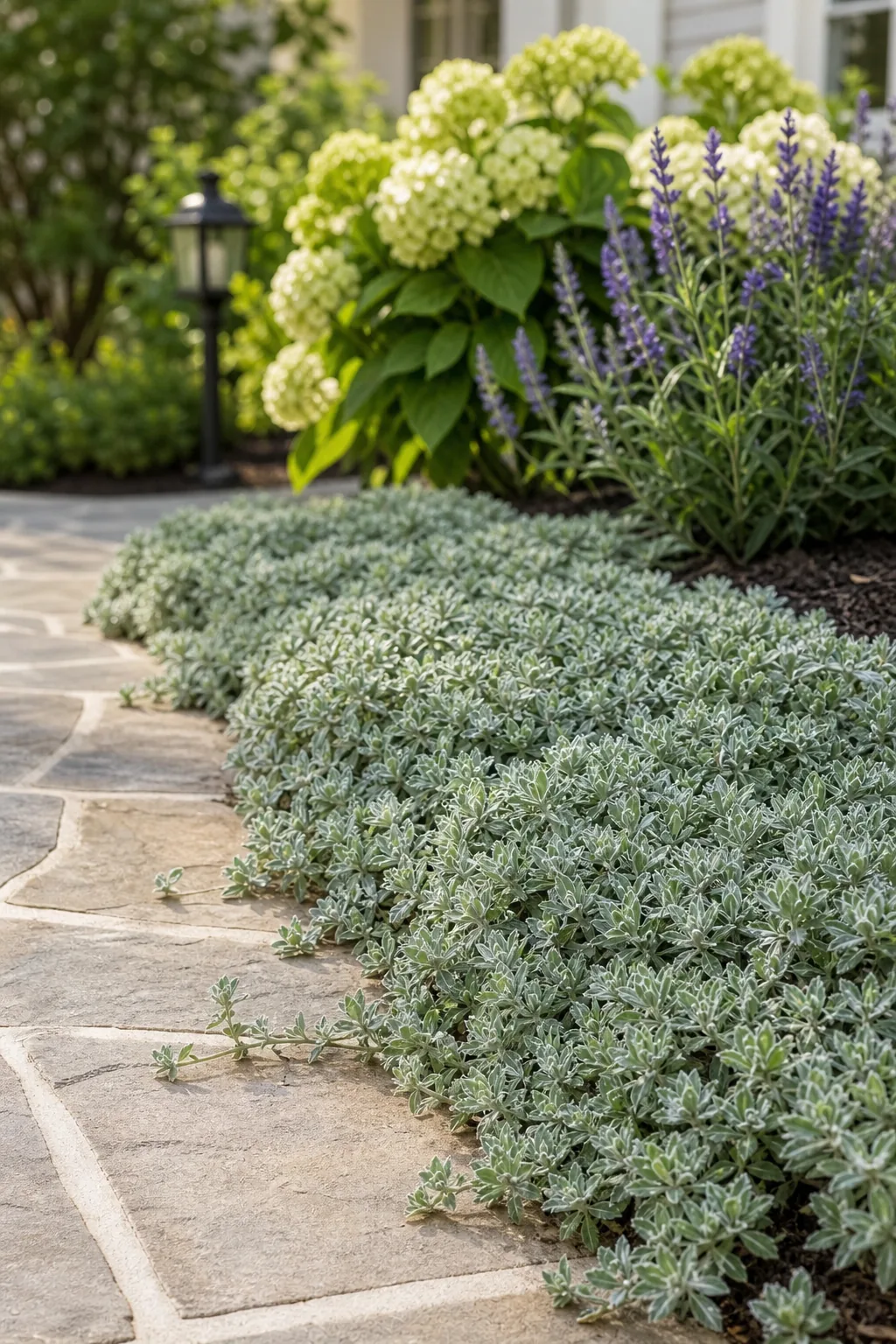 Close-up of low, silvery groundcover plants spilling over the edge of a stone path.