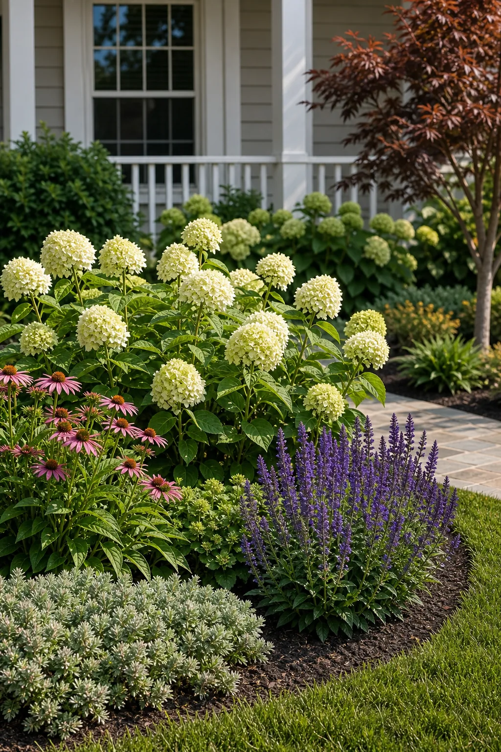 A dense grouping of mid-sized flowering perennials like hydrangeas and salvia in a garden bed.