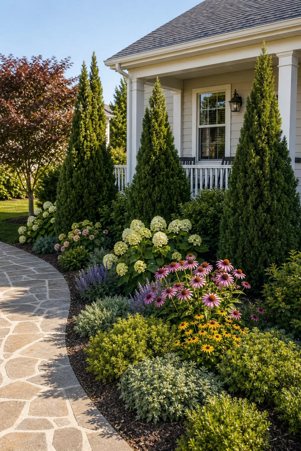 Tall ornamental grasses and upright evergreens planted at the back of a garden bed, framing a porch window.