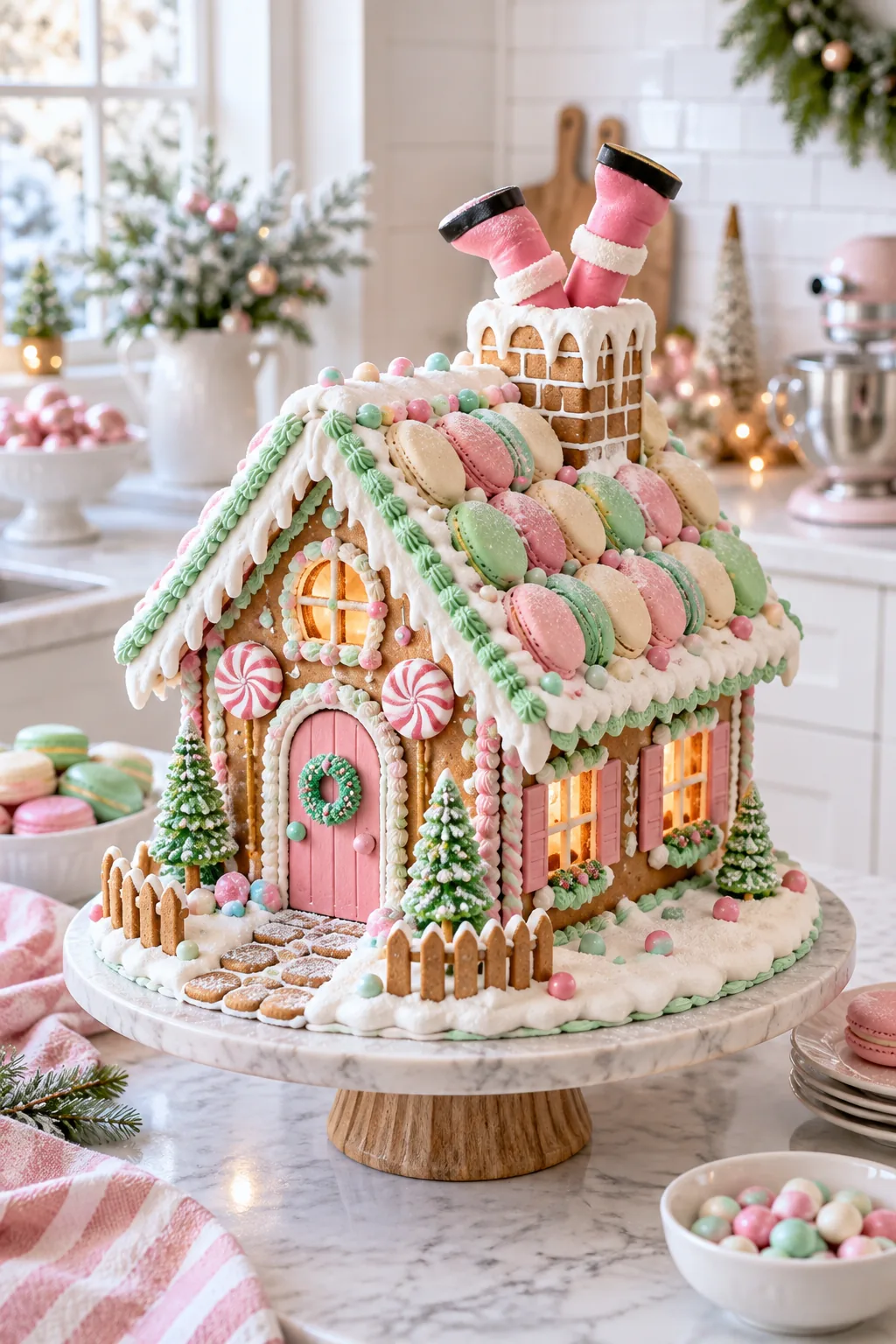 Pastel-colored gingerbread house with a macaron roof and pink Santa boots.