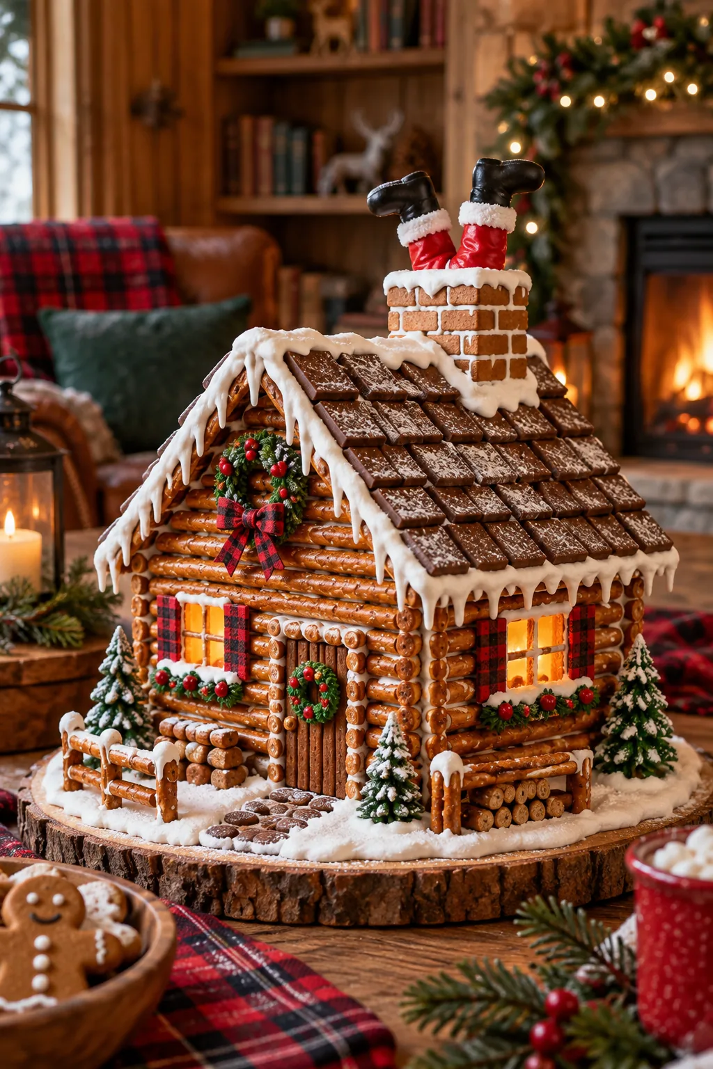 Rustic gingerbread cabin made of pretzel rods with a chocolate square roof.