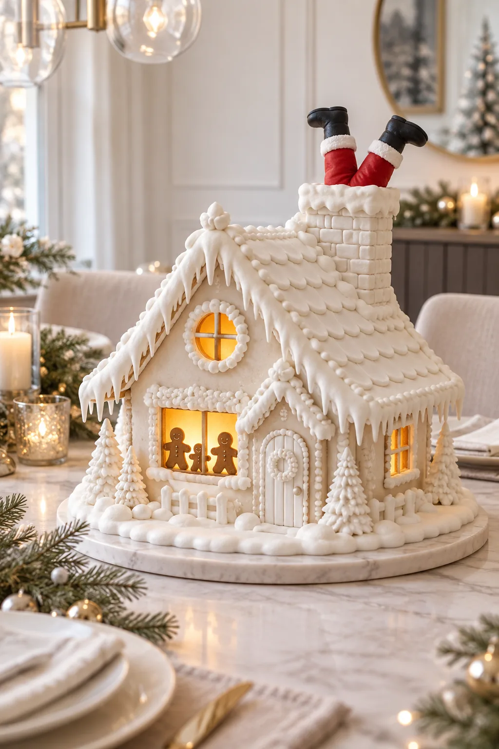 Minimalist gingerbread house decorated entirely in stark white icing.