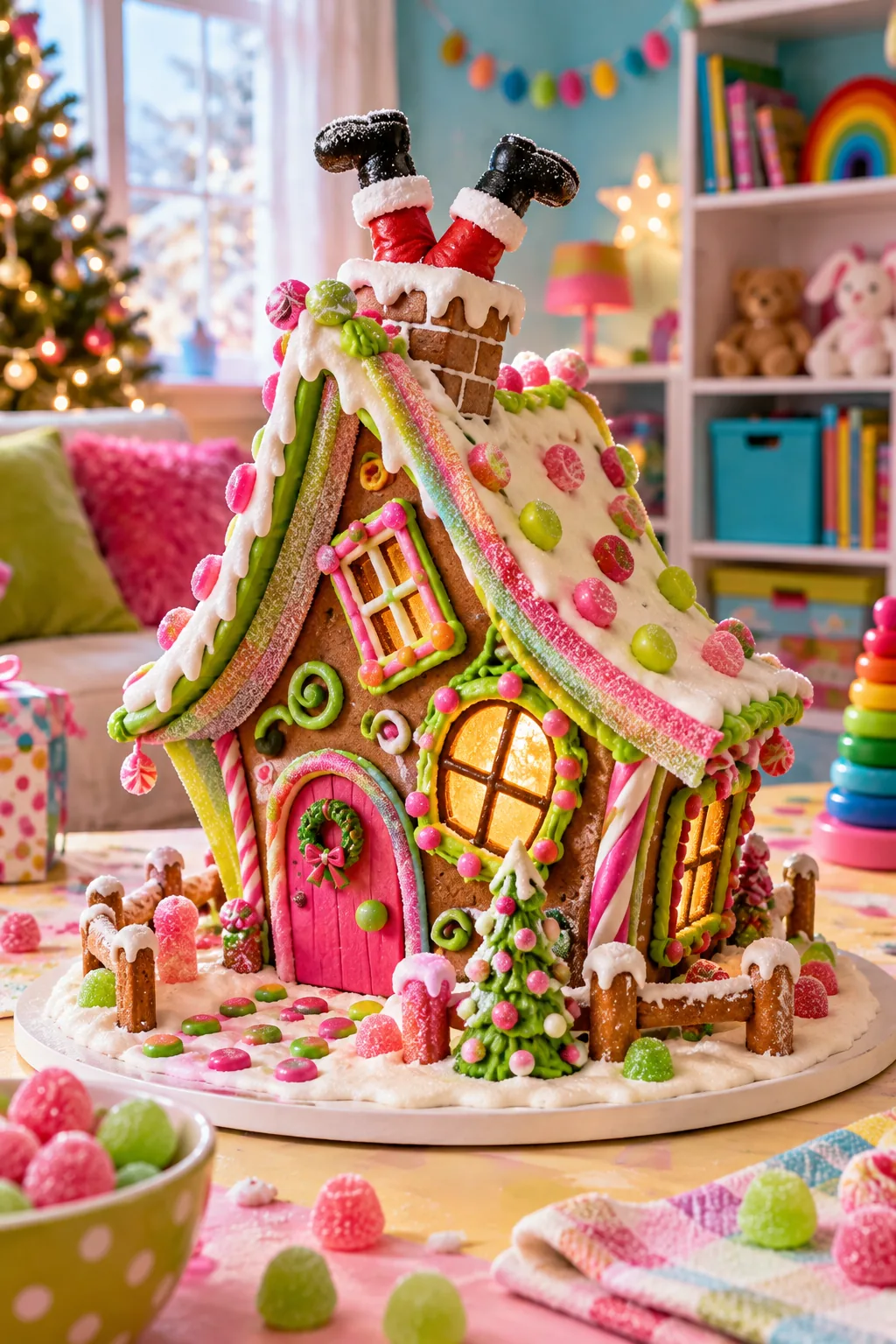 Asymmetrical gingerbread house with wonky angles and bright neon green and pink icing.